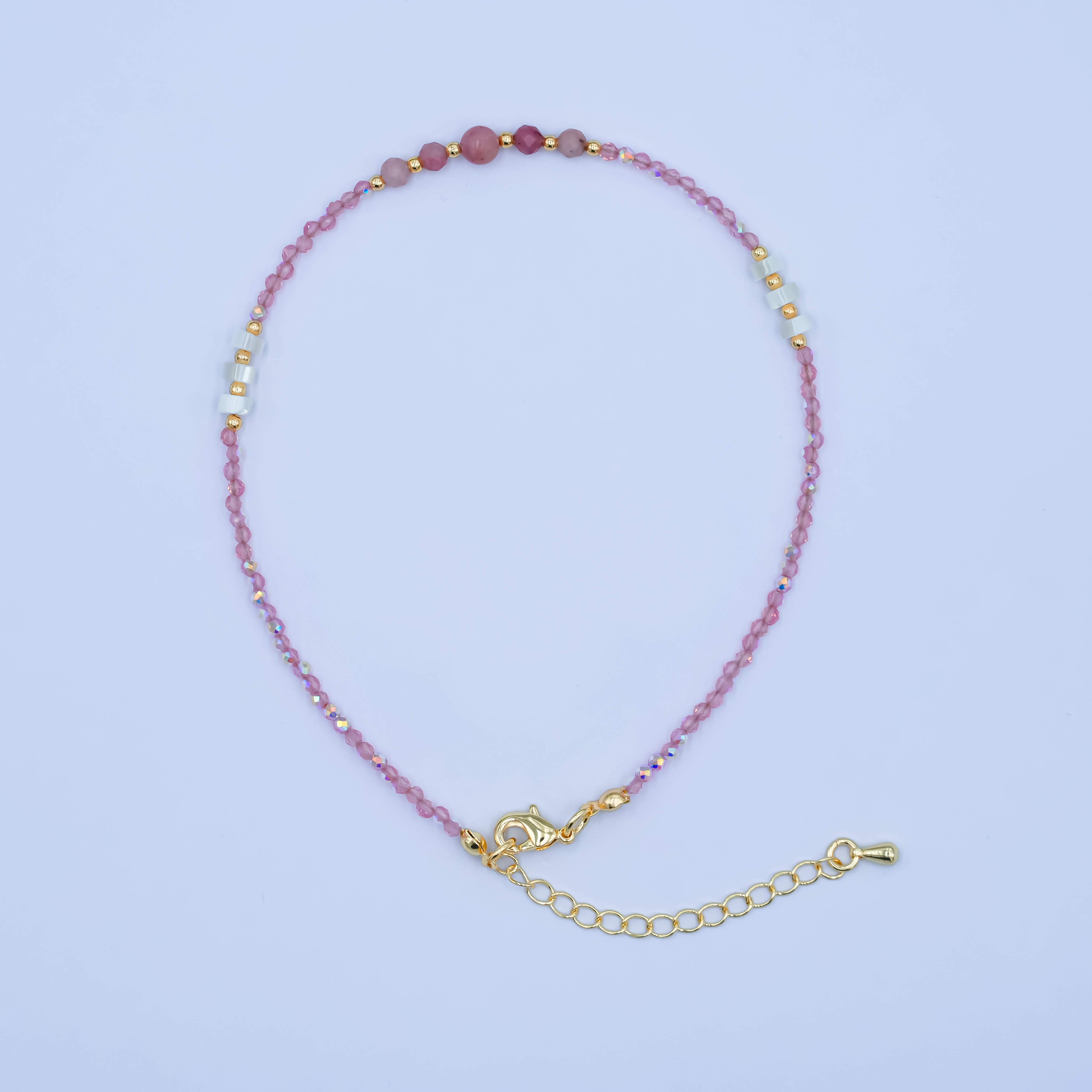 24K Gold Filled 2mm Shell Pearl Pink Quartz Multifaceted Gemstone 9 Inch Anklet | WA-2945