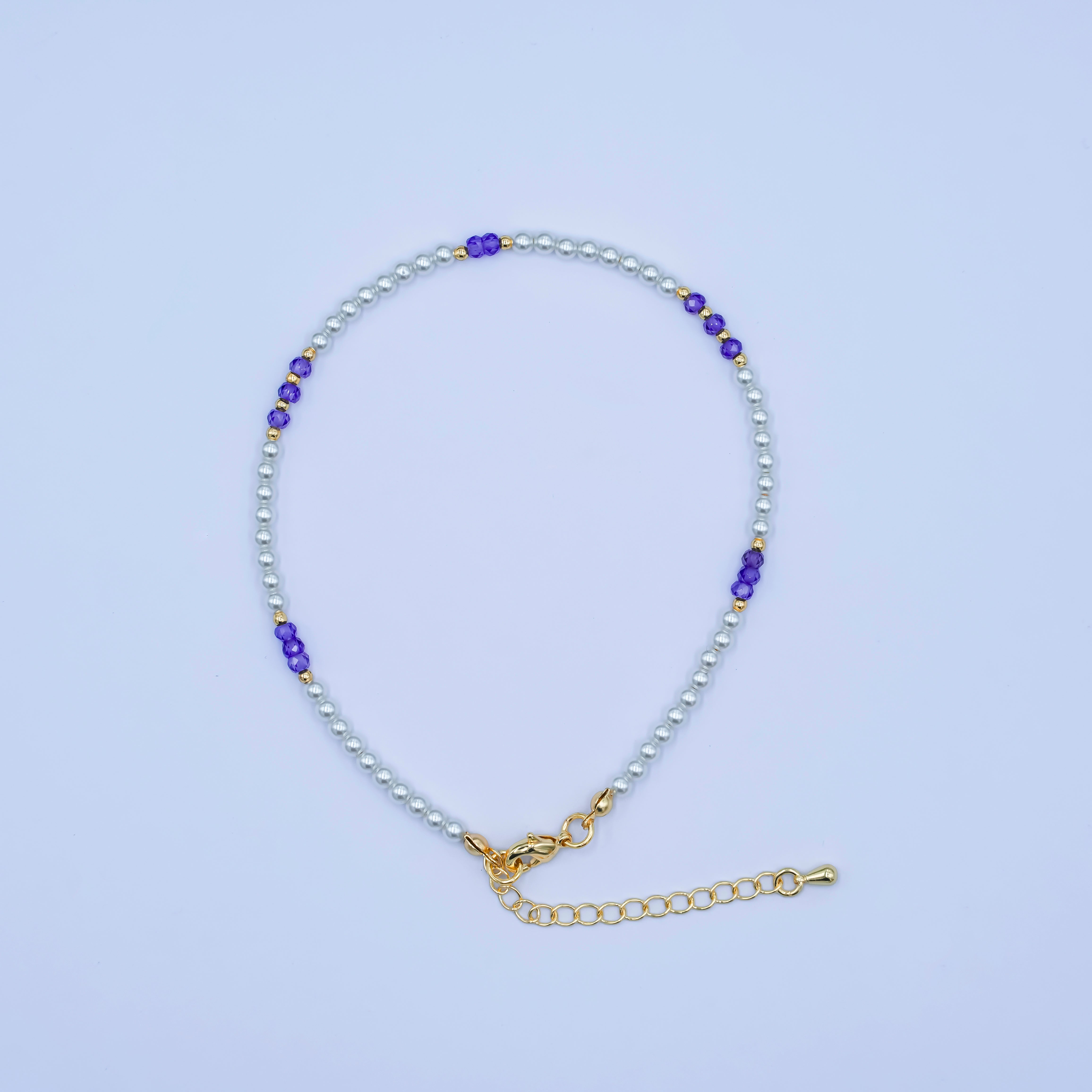 24K Gold Filled 2mm Purple White Round Gemstone 9 Inch Anklet | WA-2948