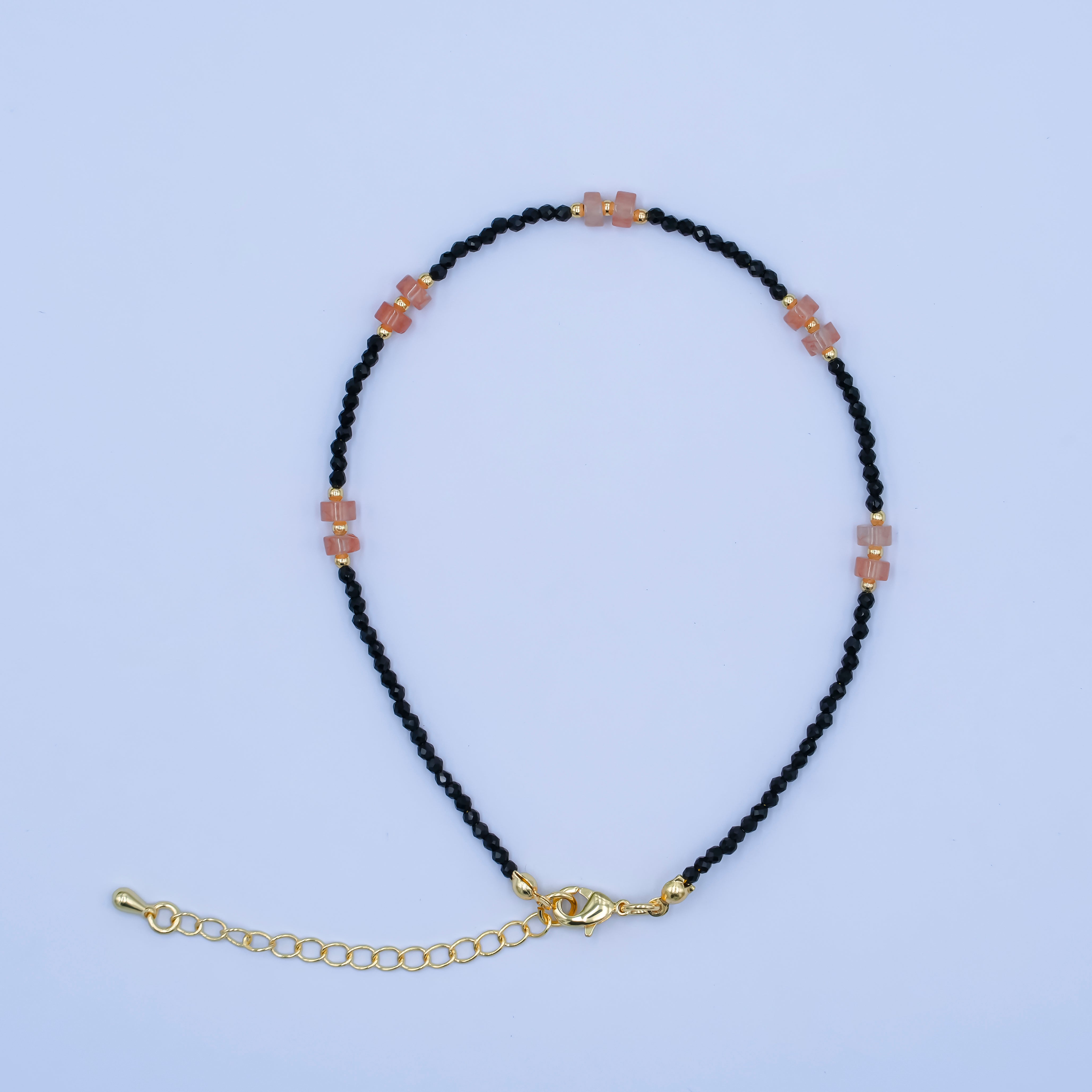 24K Gold Filled 2mm Pink Black Multifaceted Gemstone 9 Inch Anklet | WA-2949