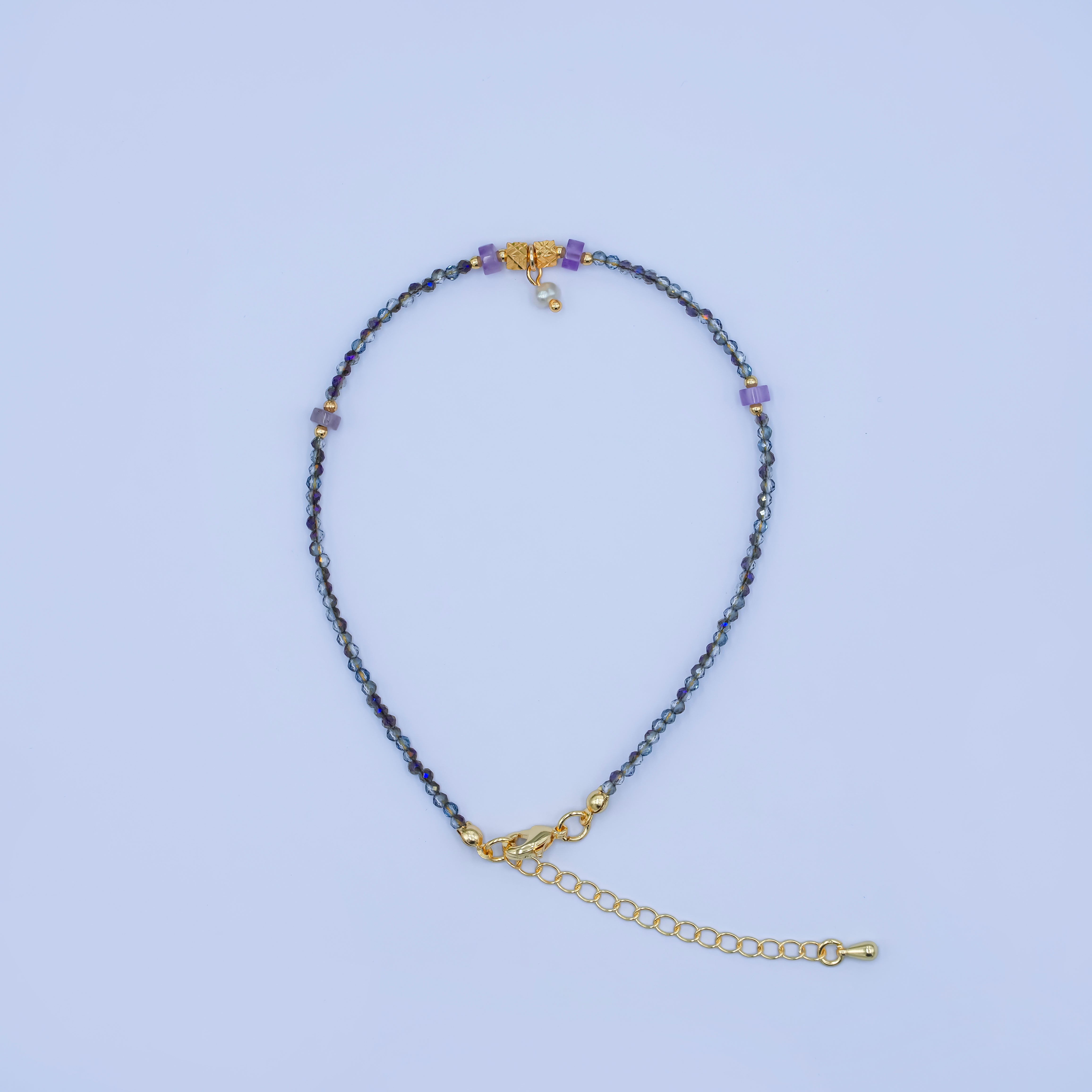 24K Gold Filled 2mm Shell Pearl Dark Multifaceted Gemstone 9 Inch Anklet | WA-2953