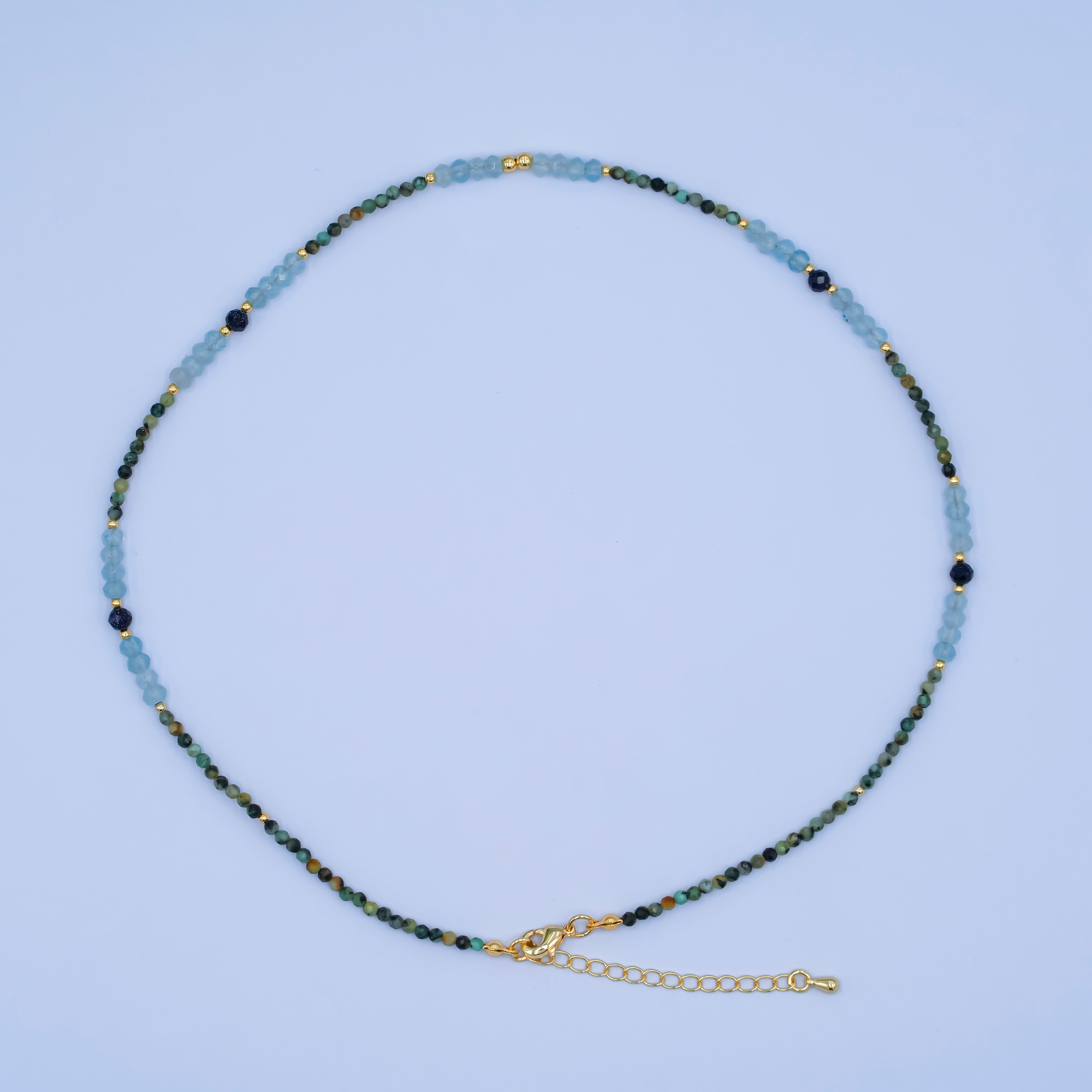 24K Gold Filled Green Blue Multifaceted Gemstone Bead 17 Inch Necklace | WA-2965