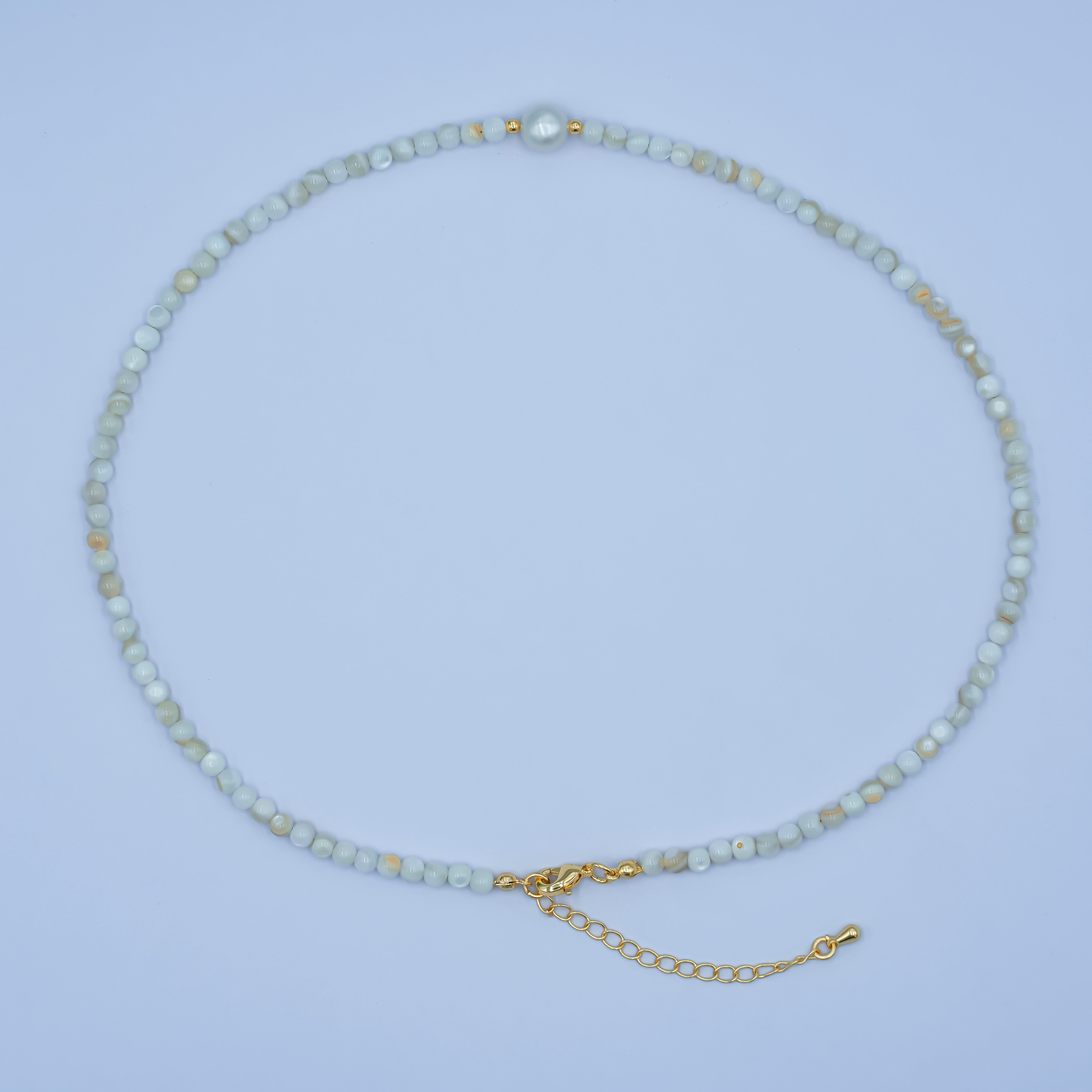 24K Gold Filled Shell Pearl Round Gemstone Necklace 17 Inch w 2 Inch Extender | WA-02969