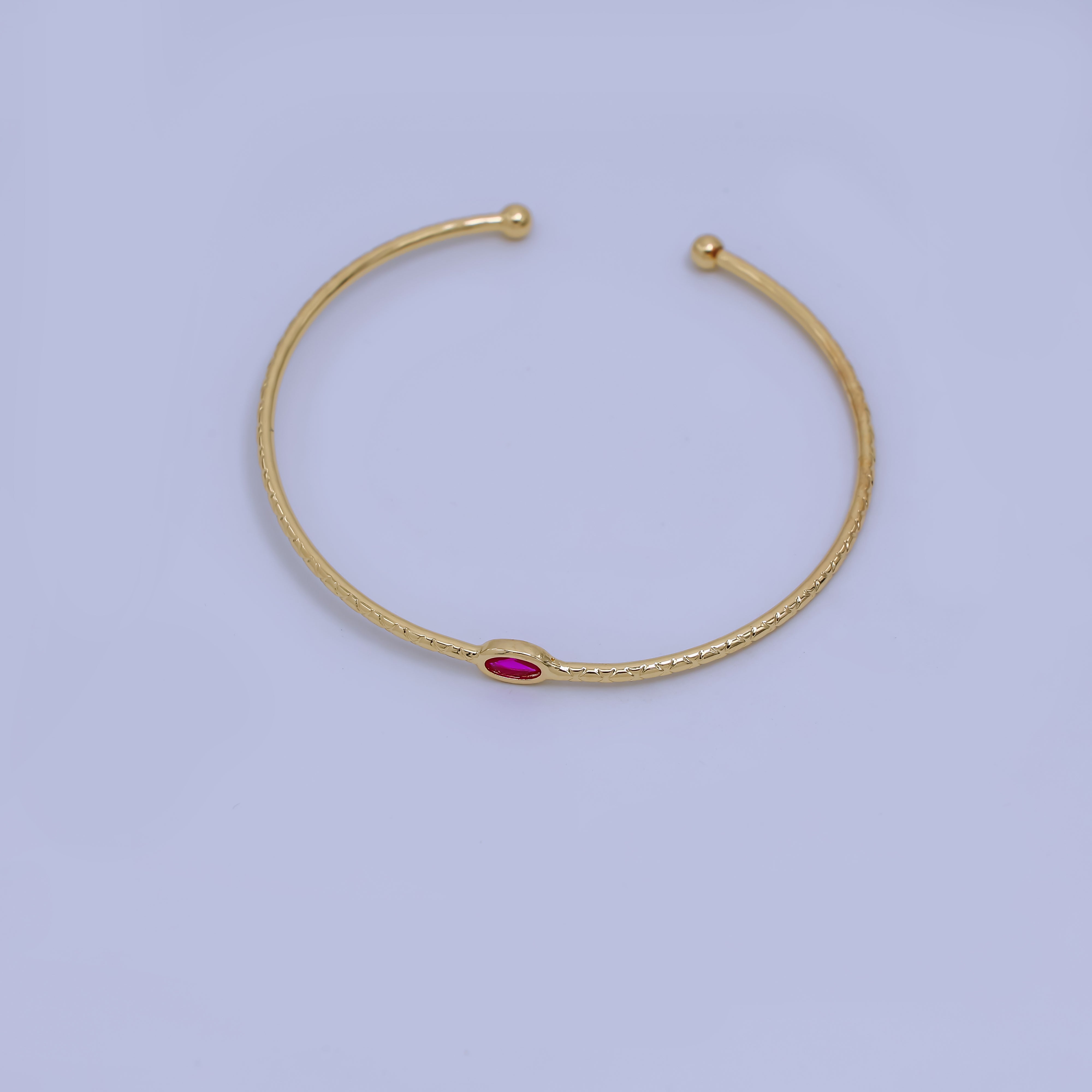 24K Gold Filled Fuchsia Oval CZ Solitaire Thin Line Textured Cuff Bracelet | WA-03321