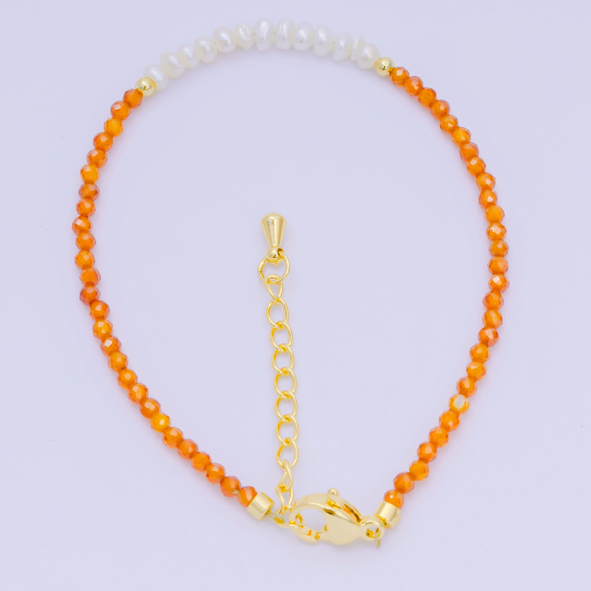24K Gold Filled Shell Pearl Multifaceted Natural Gemstone Bead 6.69 Inch Bracelet w. Extender | WA-03695 ~ WA-03717