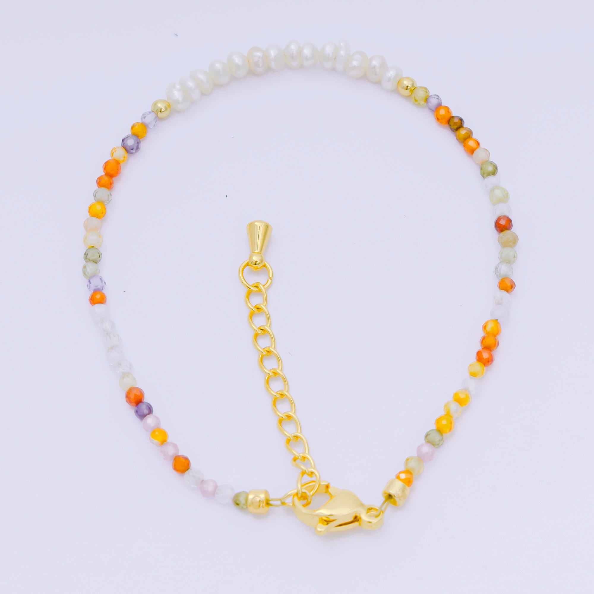 24K Gold Filled Shell Pearl Multifaceted Natural Gemstone Bead 6.69 Inch Bracelet w. Extender | WA-03695 ~ WA-03717