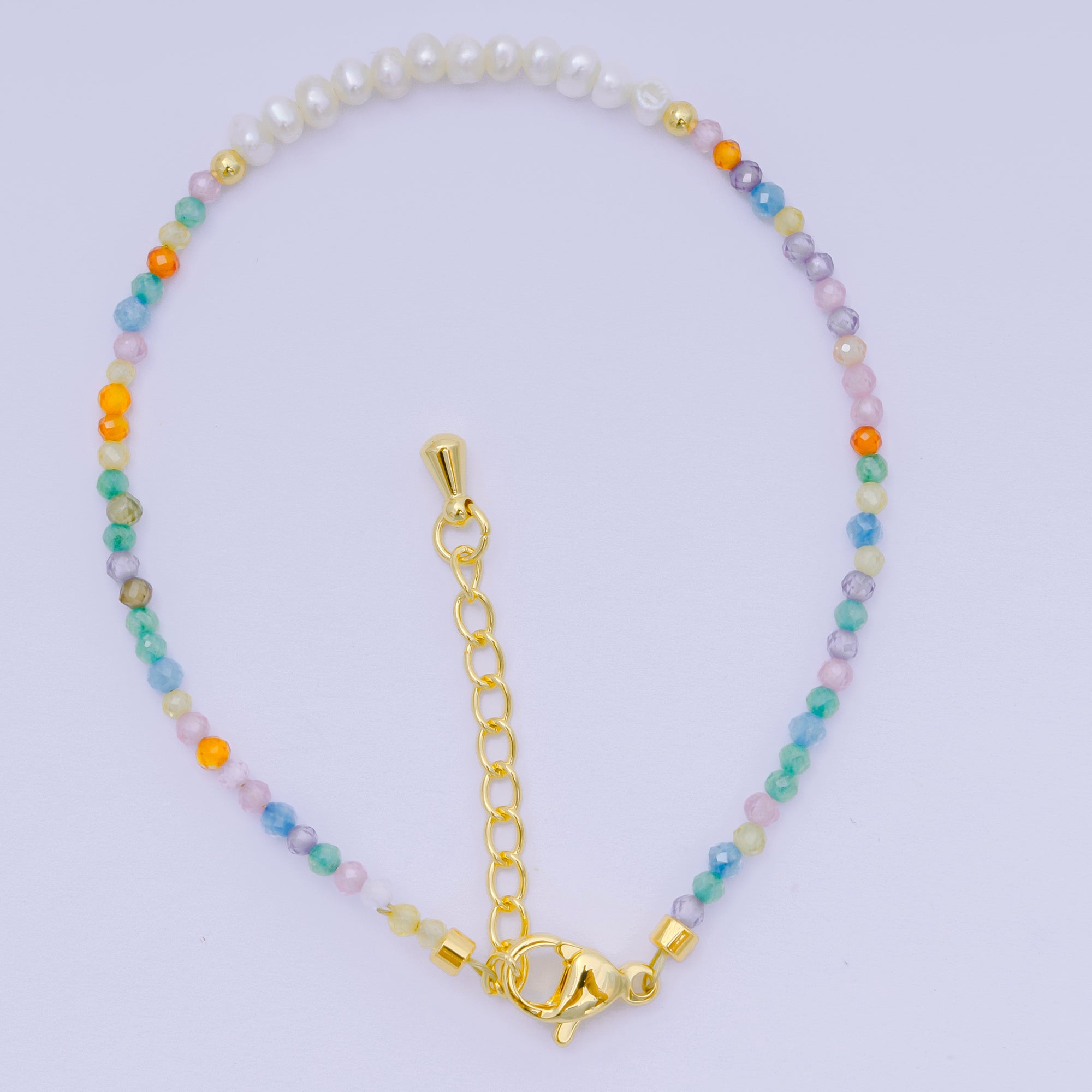24K Gold Filled Shell Pearl Multifaceted Natural Gemstone Bead 6.69 Inch Bracelet w. Extender | WA-03695 ~ WA-03717