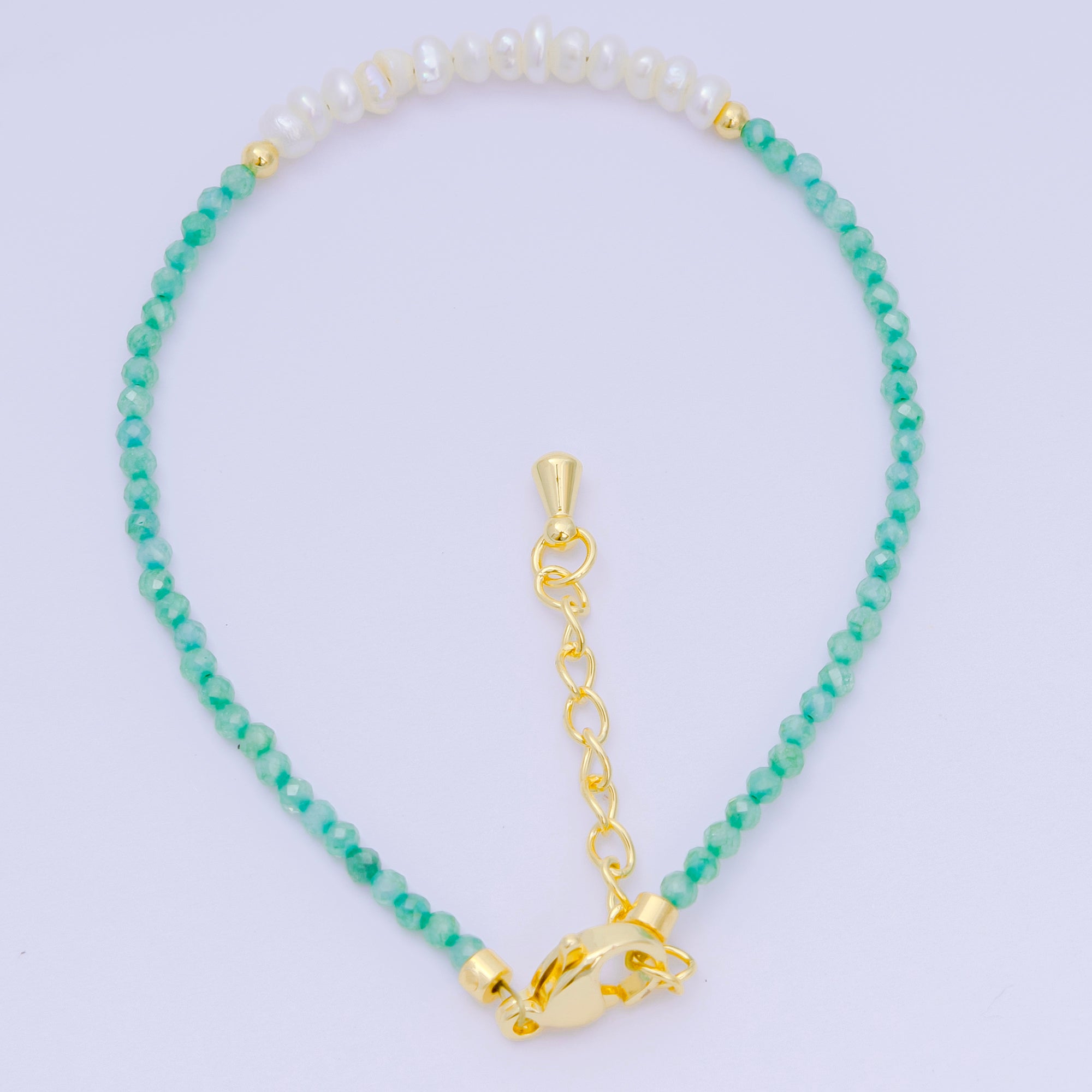 24K Gold Filled Shell Pearl Multifaceted Natural Gemstone Bead 6.69 Inch Bracelet w. Extender | WA-03695 ~ WA-03717