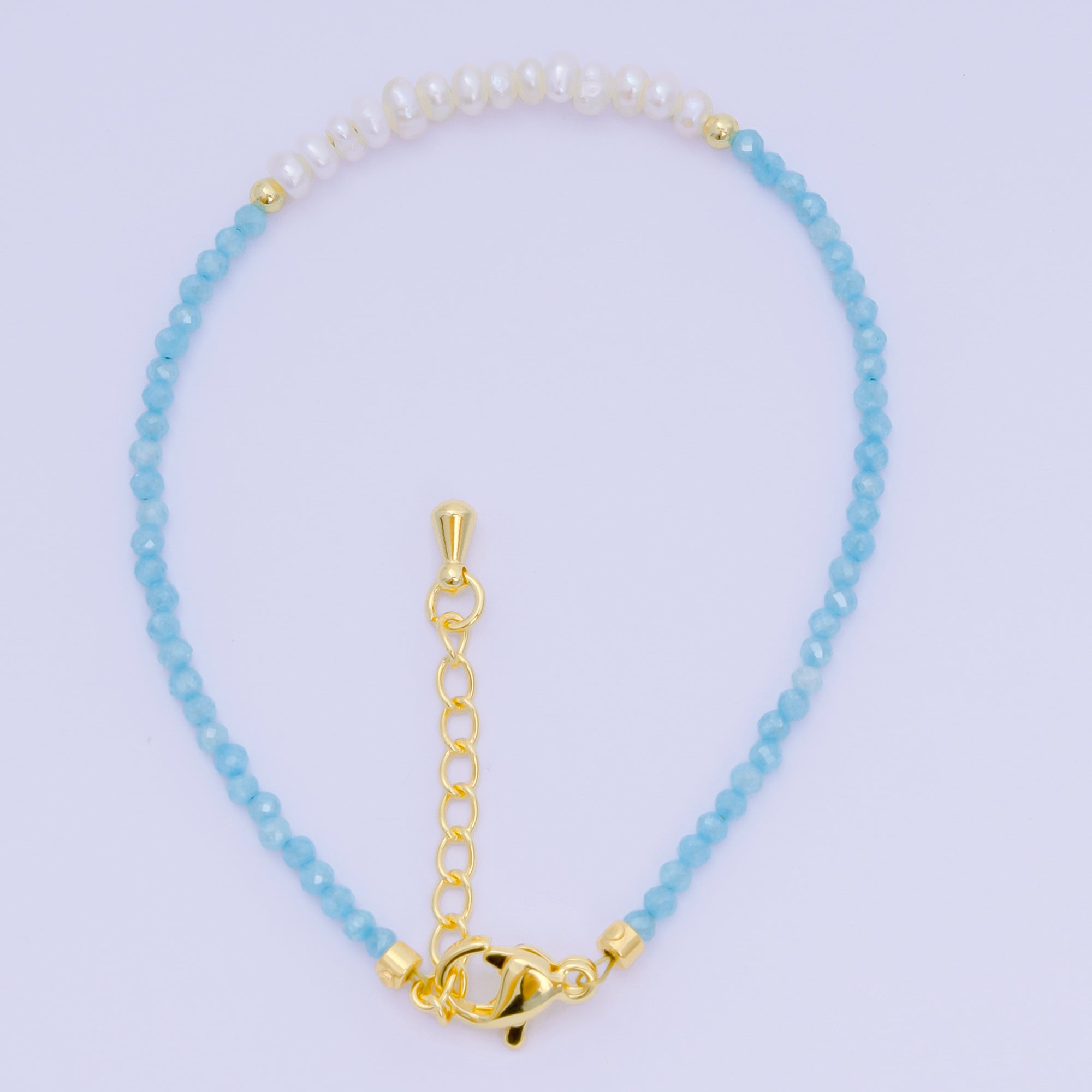 24K Gold Filled Shell Pearl Multifaceted Natural Gemstone Bead 6.69 Inch Bracelet w. Extender | WA-03695 ~ WA-03717