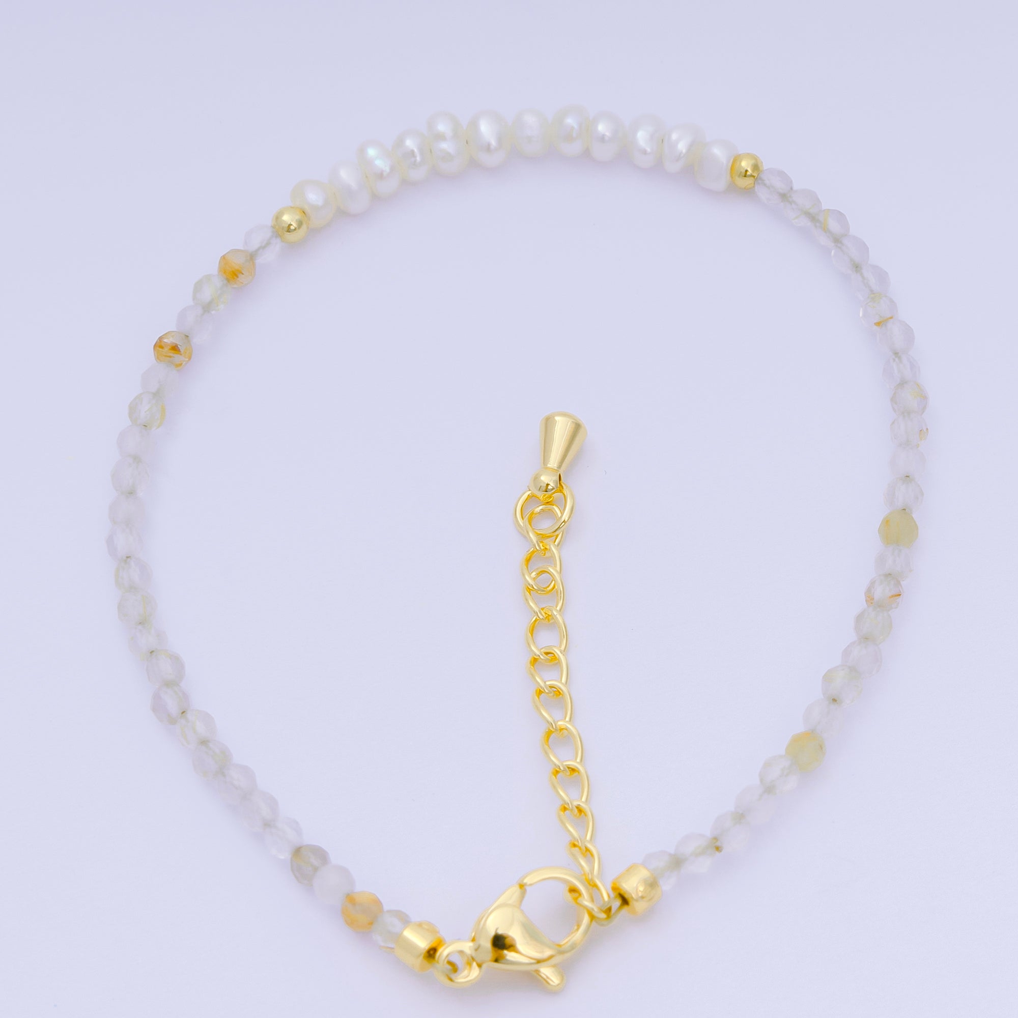 24K Gold Filled Shell Pearl Multifaceted Natural Gemstone Bead 6.69 Inch Bracelet w. Extender | WA-03695 ~ WA-03717