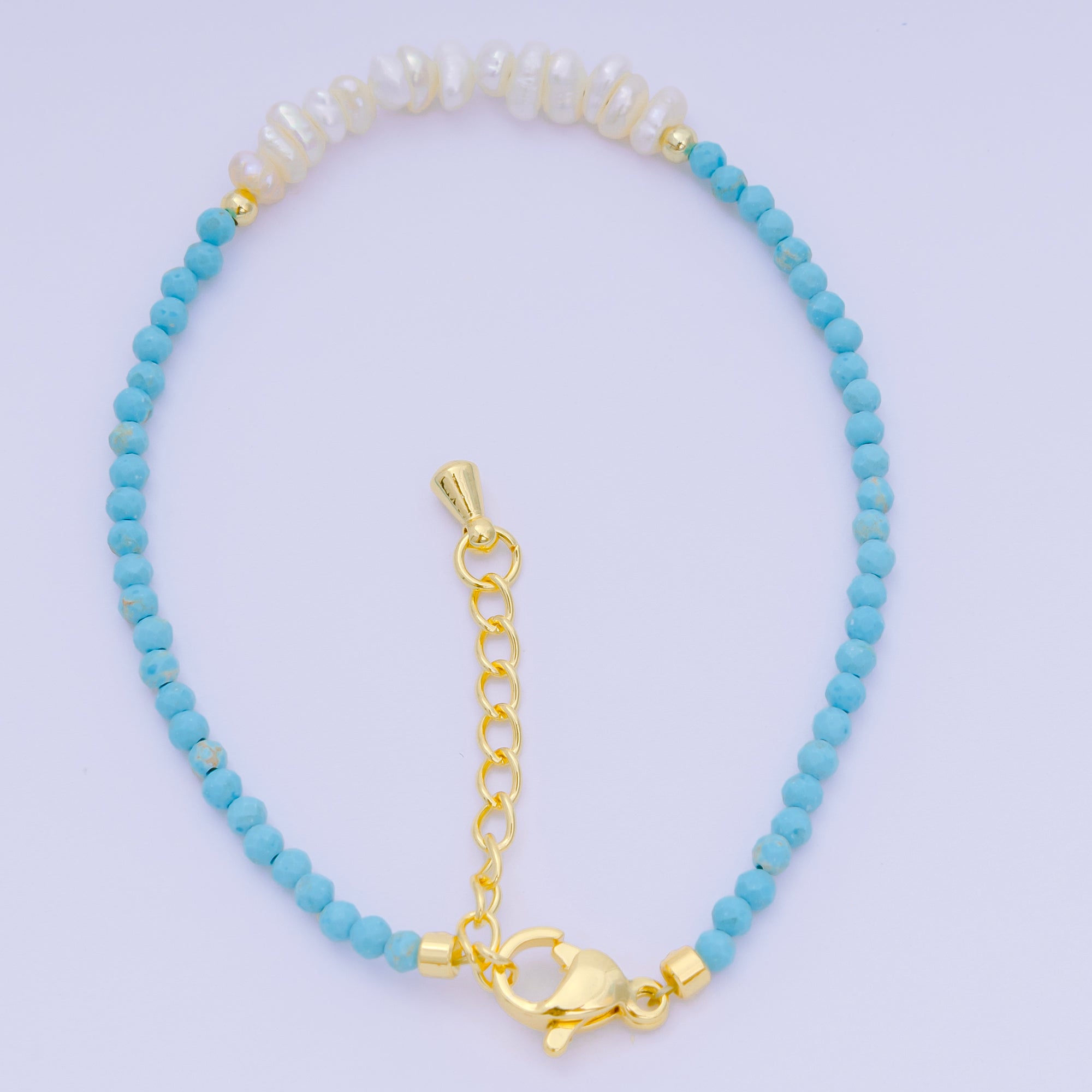 24K Gold Filled Shell Pearl Multifaceted Natural Gemstone Bead 6.69 Inch Bracelet w. Extender | WA-03695 ~ WA-03717