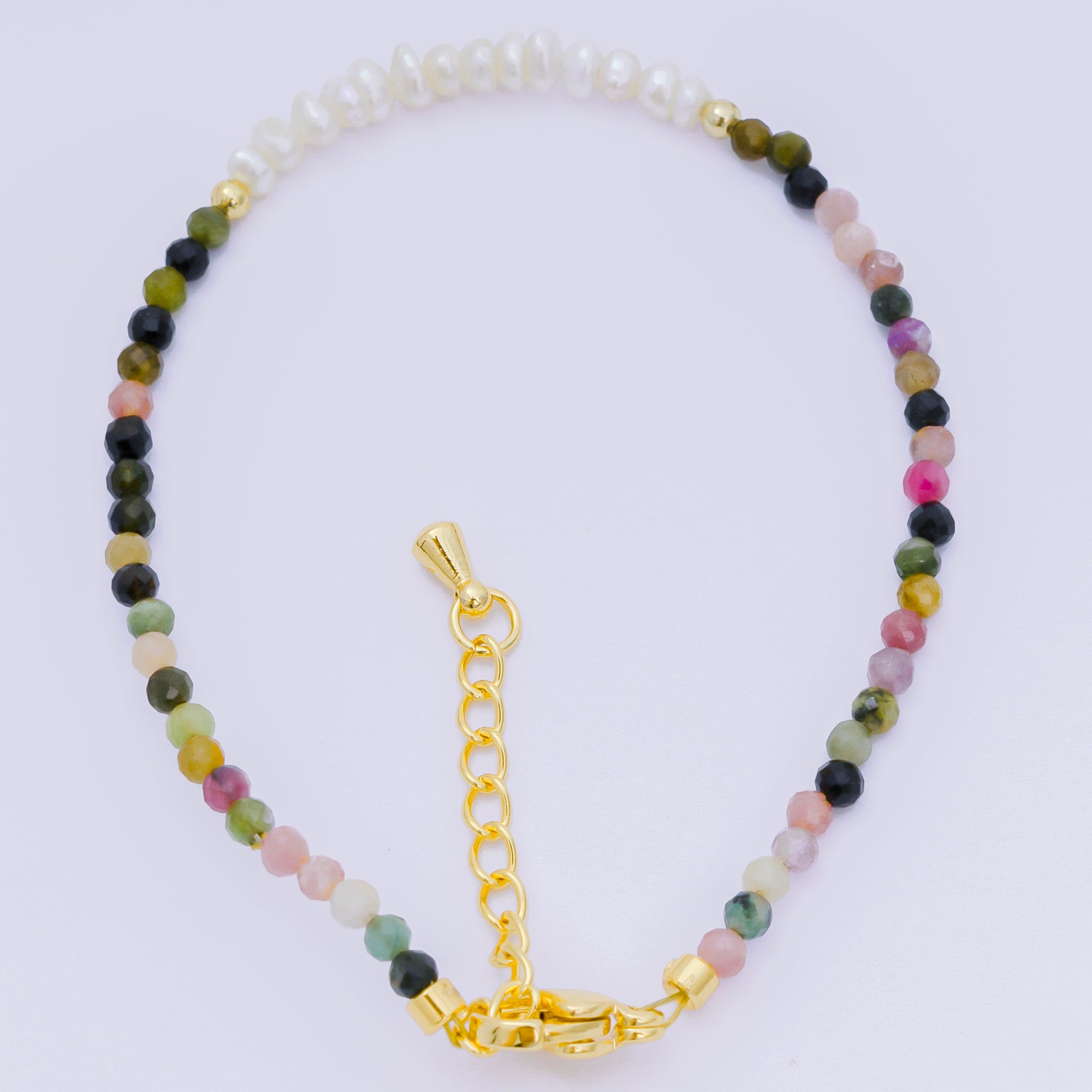 24K Gold Filled Shell Pearl Multifaceted Natural Gemstone Bead 6.69 Inch Bracelet w. Extender | WA-03695 ~ WA-03717