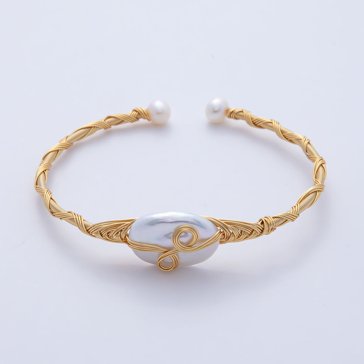 18K Gold Filled Freshwater Pearl Coil Wire Wrap Cuff Bracelet | WA-3851