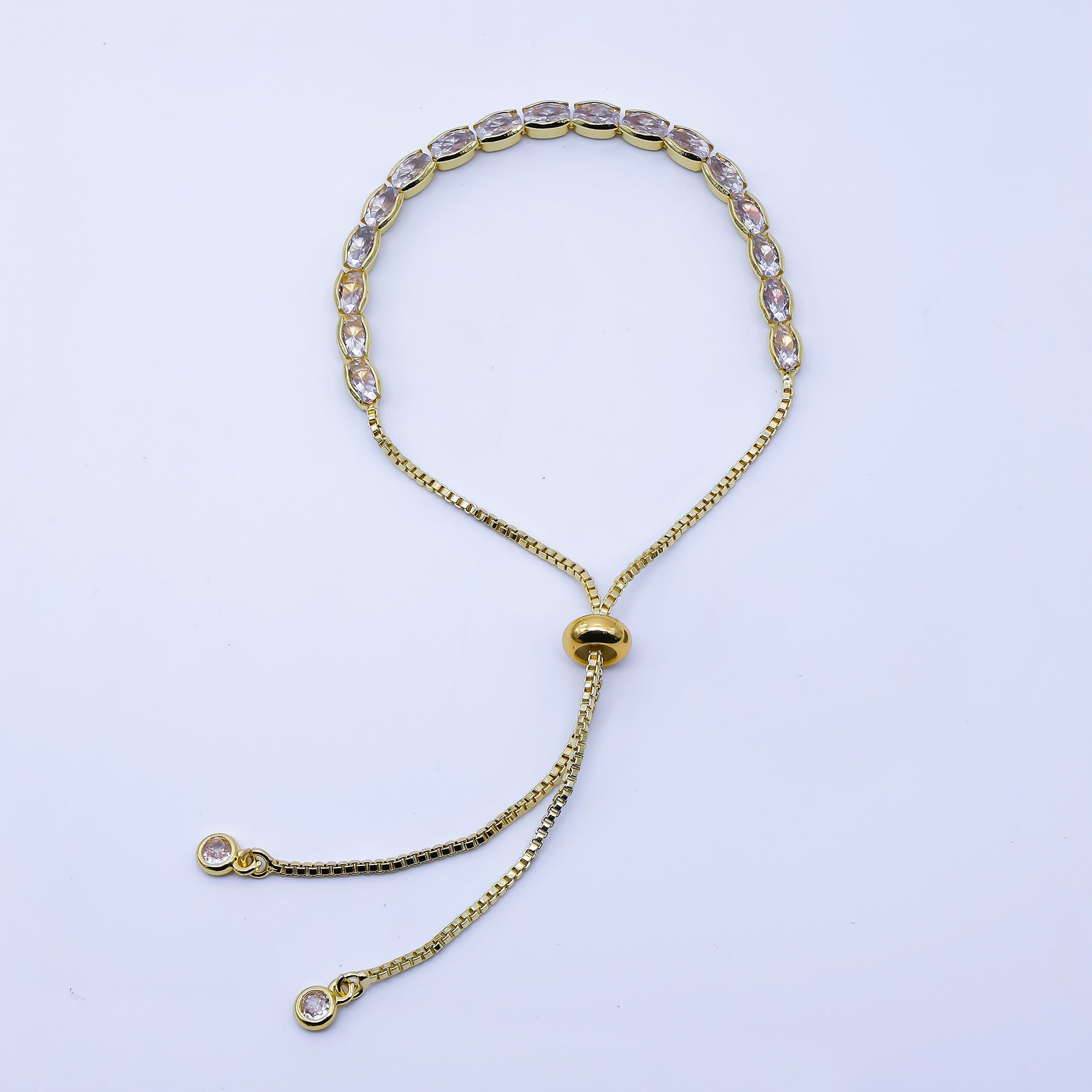 24K Gold Filled Oval CZ Tennis Chain Bolo Slide Adjustable Bracelet in Gold & Silver | WA-03902 WA-03903
