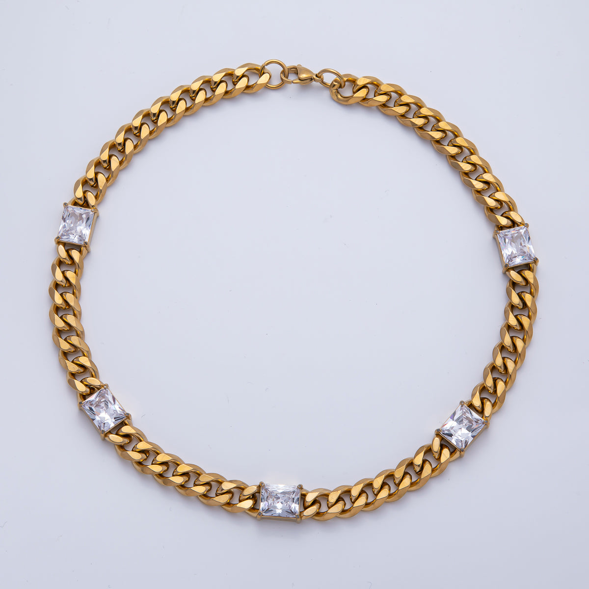 18K Gold PVD Stainless Steel 12mm Clear CZ Baguette Curb Chain 18 Inch Necklace in Gold & Silver | WA-3941 WA-3942