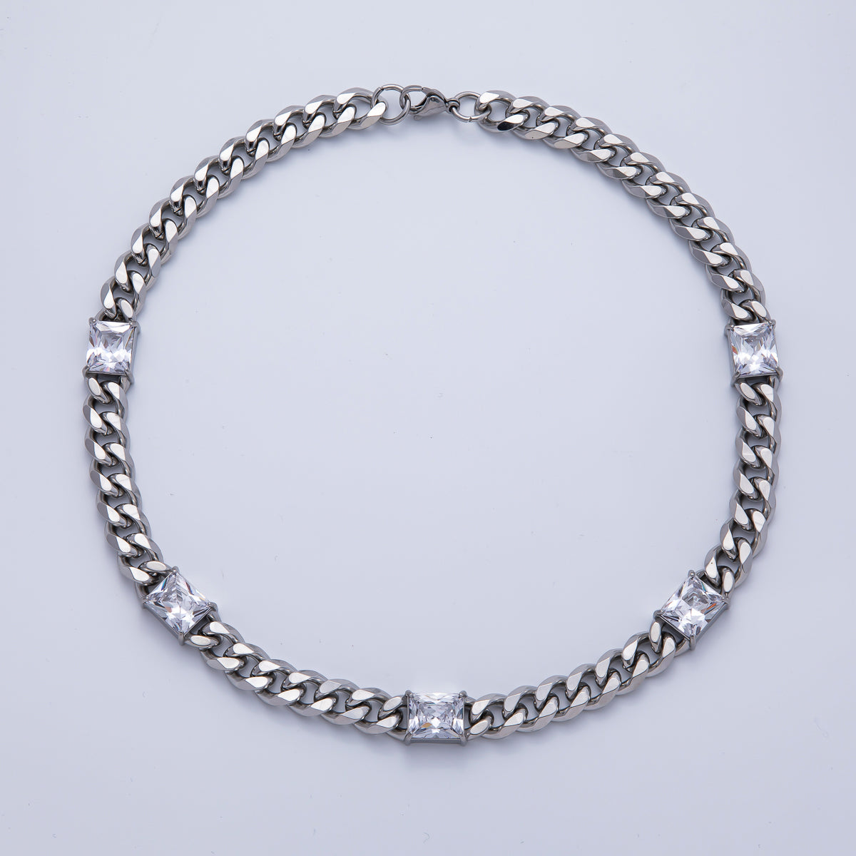 18K Gold PVD Stainless Steel 12mm Clear CZ Baguette Curb Chain 18 Inch Necklace in Gold & Silver | WA-3941 WA-3942