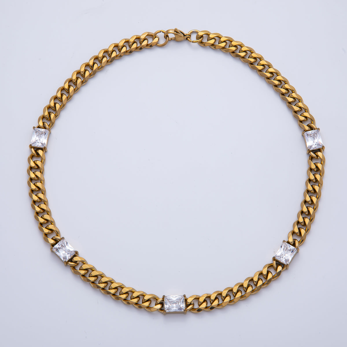 18K Gold PVD Stainless Steel 9.5mm Clear CZ Baguette Curb Chain 18 Inch Necklace in Gold & Silver | WA-3943 WA-3944