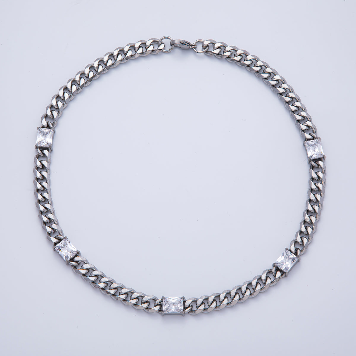 Stainless Steel 9.5mm Clear CZ Baguette Curb Chain 18 Inch Necklace in Gold & Silver | WA-3943 WA-3944