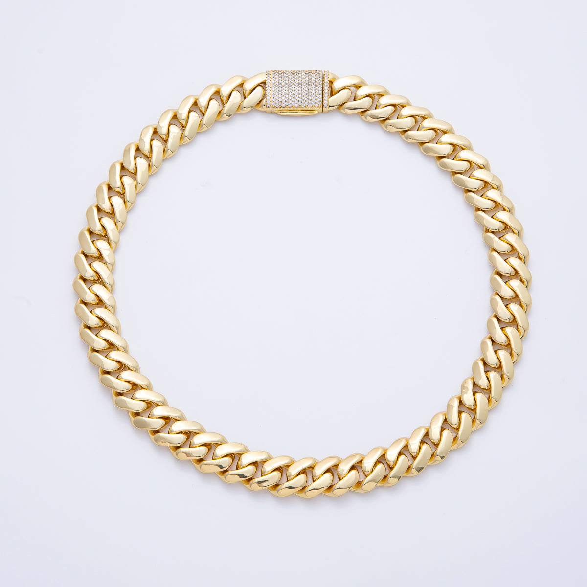 18K Gold Filled 12mm Curb Chain Micro Paved Clasps 17.3 , 17.7 Inch Necklace | WA-3945