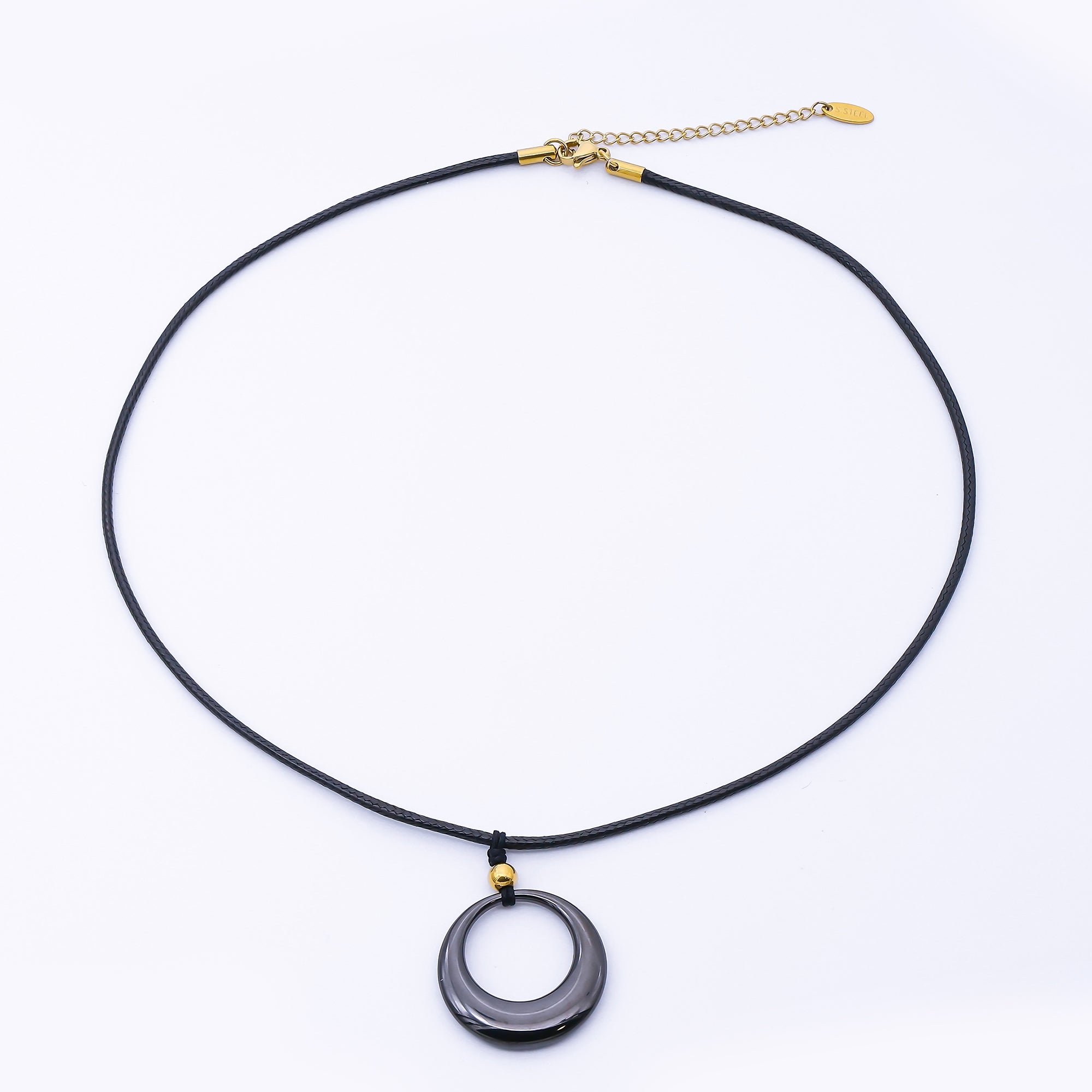 Stainless Steel Open Oval Round Black Leather Cord 18 Inch Necklace | WA-4008