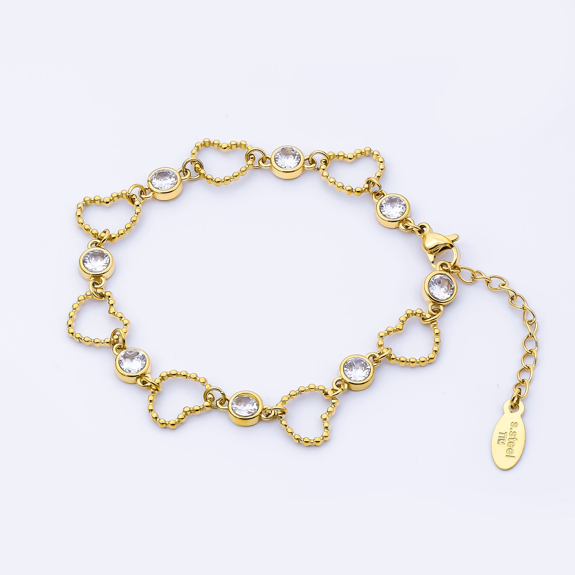 Stainless Steel Clear CZ Round Open Beaded Bubble Heart 6.5 Inch Bracelet | WA-4009