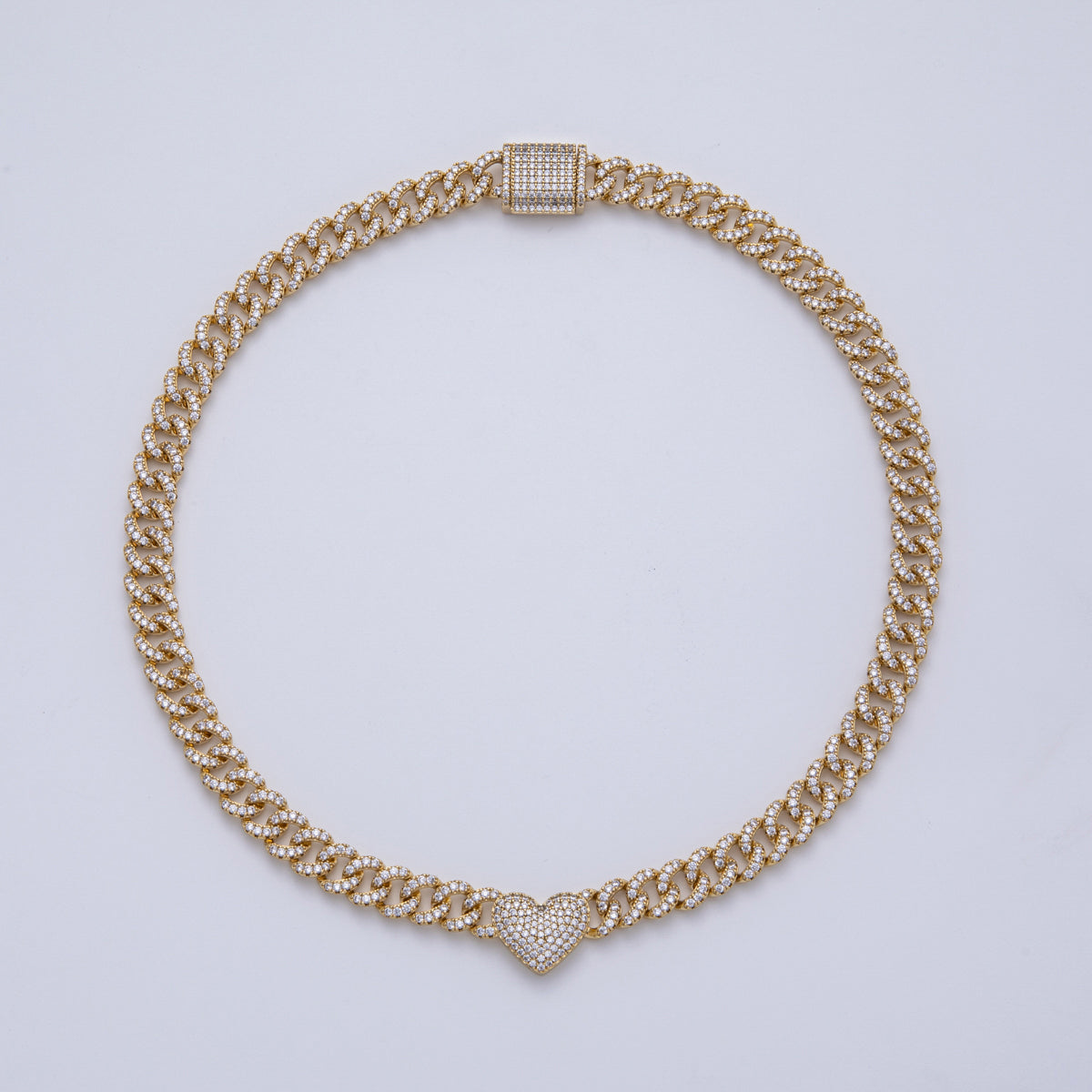 14K Gold Filled 9.5mm Heart Micro Paved CZ Curb Chain 18 Inch Necklace | WA-4090