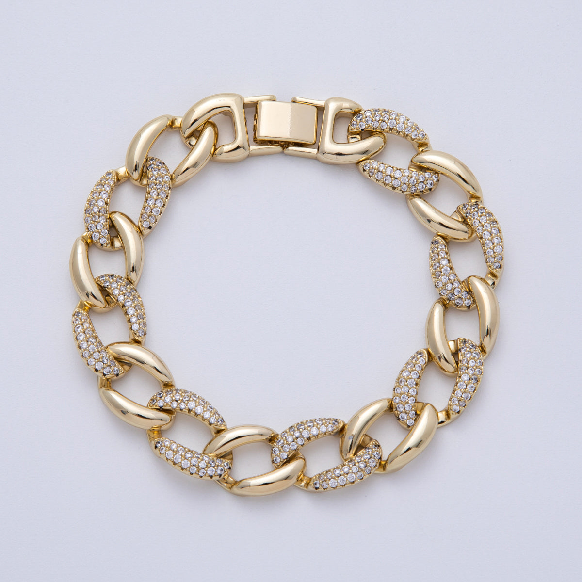 14K Gold Filled 11.5mm Micro Paved CZ Curb Chain 8 Inch Bracelet | WA-4097