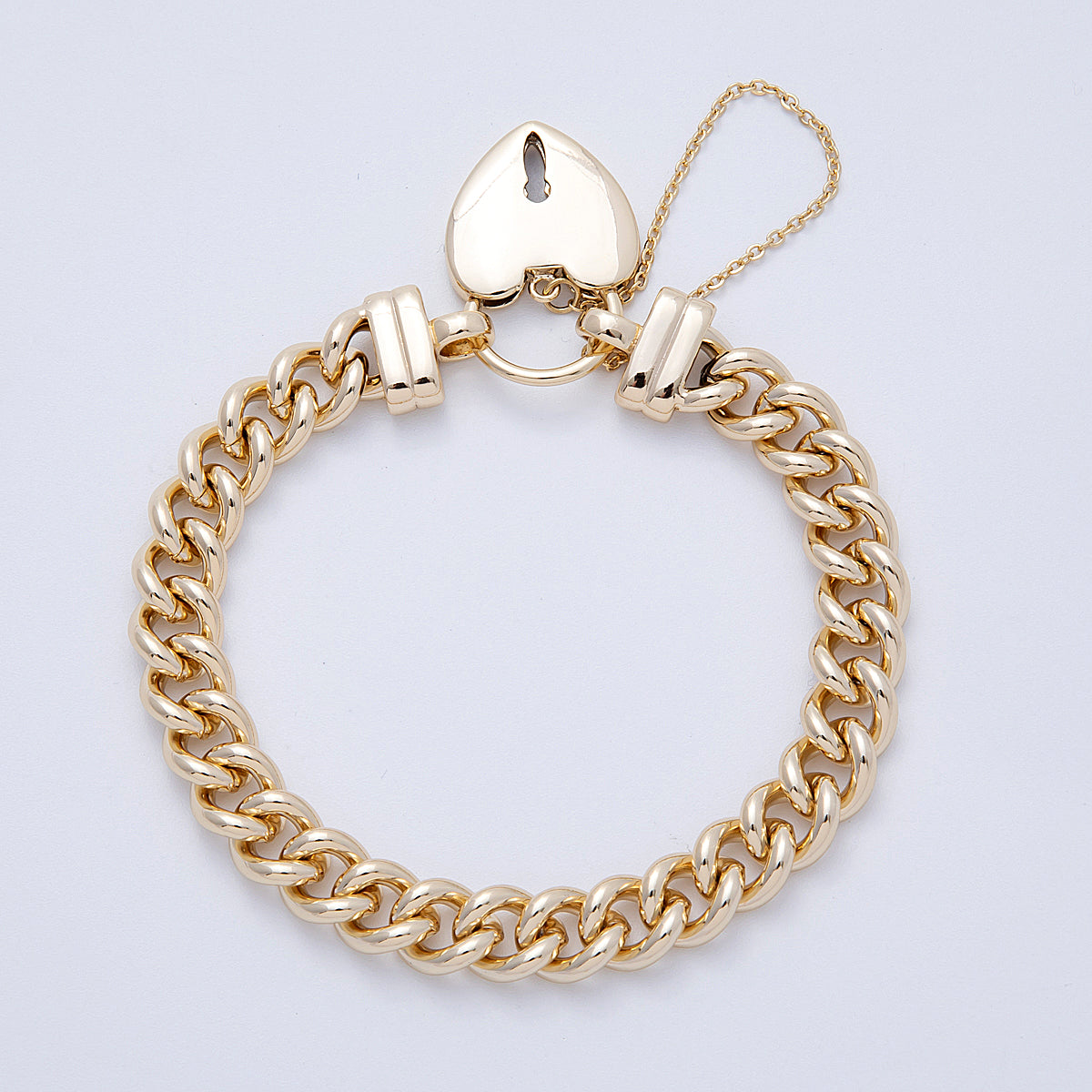 14K Gold Filled 9.5mm Heart Padlock Key Charm Curb Chain 9 Inch Bracelet | WA-04158