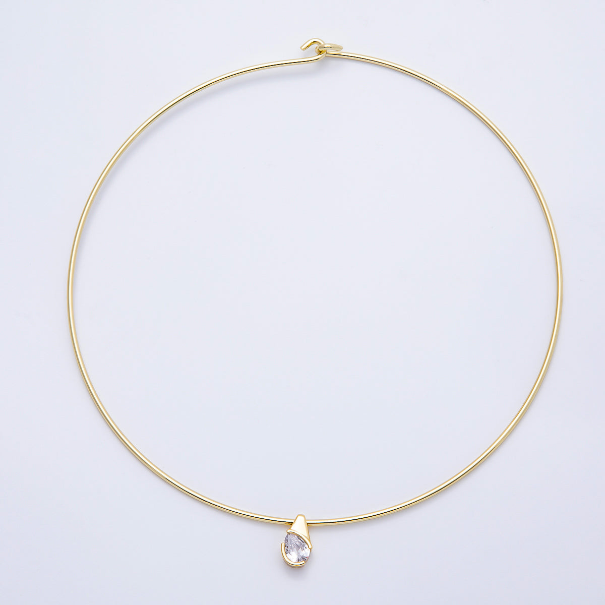 16K Gold Filled 2mm Teardrop Solitaire CZ Thin Torque Tube Choker Floating Collar Necklace | WA-04410