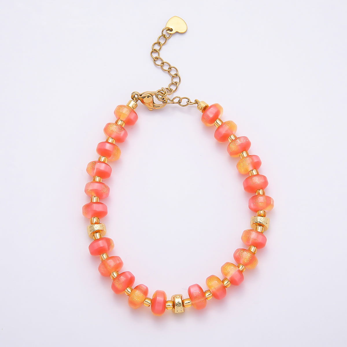 Stainless Steel 8mm Orange, Yellow, Blue, Green, Pink Glitter Rondelle Bead Resin 7 Inch Bracelet w. Extender | WA-04554 ~ WA-04558