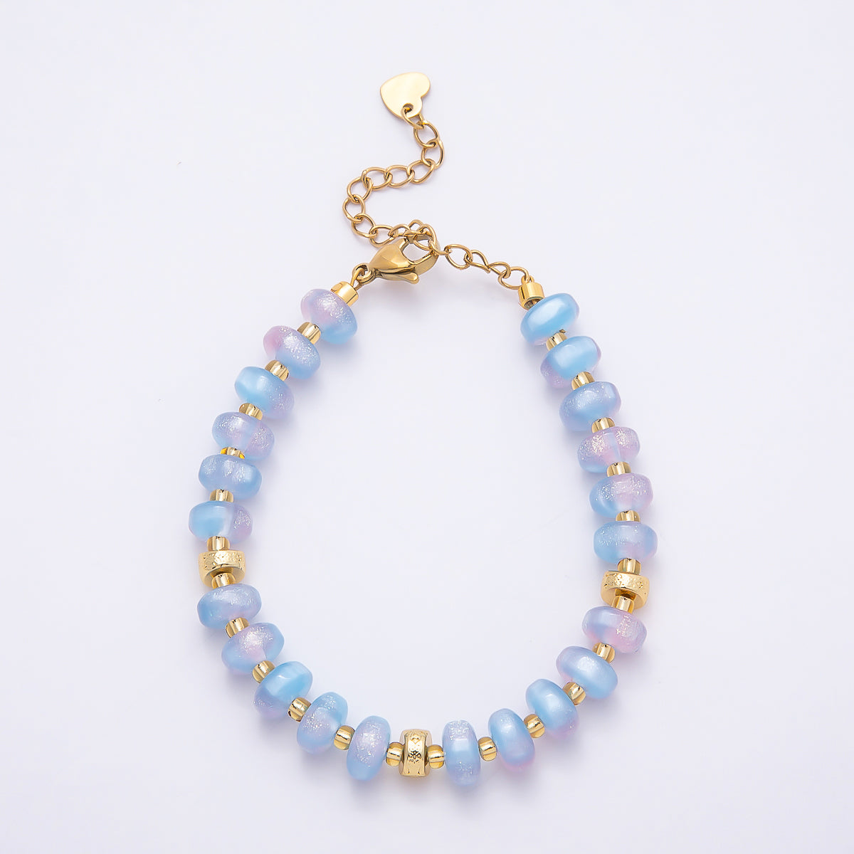 Stainless Steel 8mm Orange, Yellow, Blue, Green, Pink Glitter Rondelle Bead Resin 7 Inch Bracelet w. Extender | WA-04554 ~ WA-04558