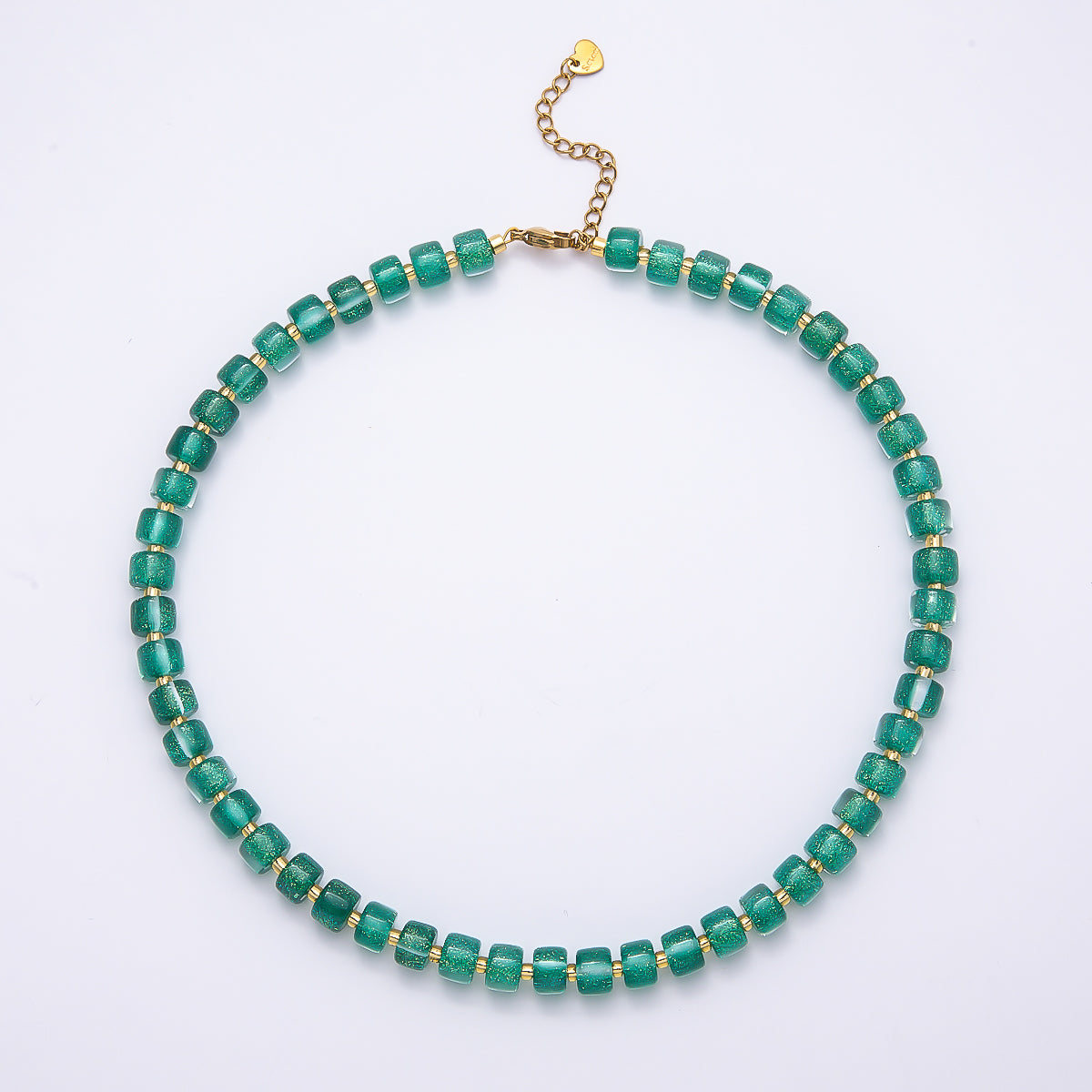 Stainless Steel 8mm Green, Purple, Multicolor, Blue, Purple, Pink, Orange, White Glitter Resin Rondelle Bead 16 Inch Necklace w. Extender | WA-04565 ~ WA-04572