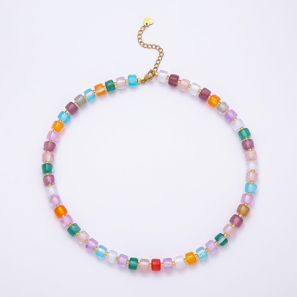 Stainless Steel 8mm Green, Purple, Multicolor, Blue, Purple, Pink, Orange, White Glitter Resin Rondelle Bead 16 Inch Necklace w. Extender | WA-04565 ~ WA-04572