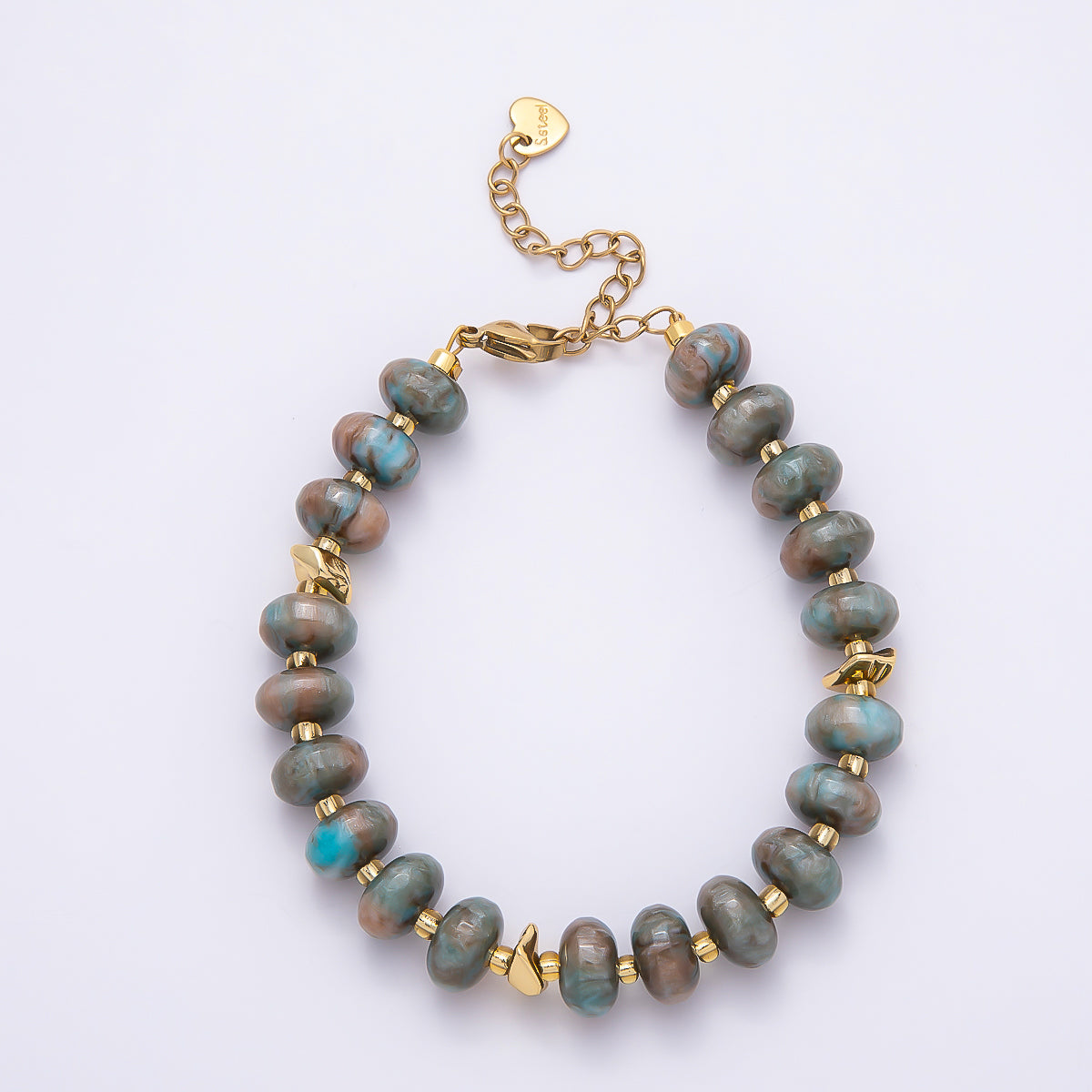Handmade 10mm Round Flat Rondelle Bead Resin 7.5 Inch Bracelet w/ Extender Gold Pvd Stainless Steel | WA-04613 - WA-04618