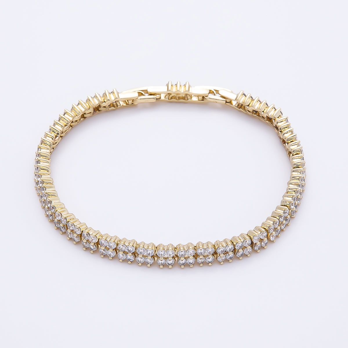 14K Gold Filled 5mm Clear CZ Double Row Clover Tennis Chain 7 Inch Adjustable Bracelet | WA-04631