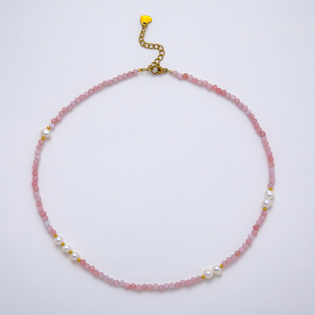 Handmade Stainless Steel 2mm Shell Pearl Rose Quartz Gemstone Chain 16 Inch Necklace | WA-04643