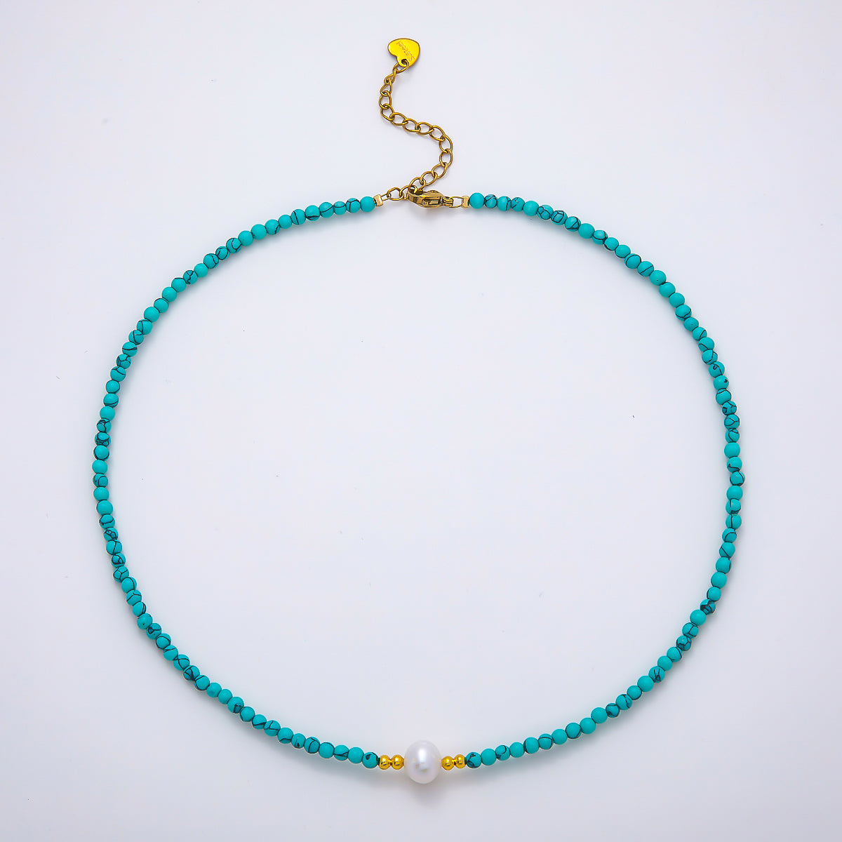Handmade Stainless Steel 3mm Shell Pearl Blue Turquoise Gemstone Chain 15.5 Inch Necklace | WA-04644