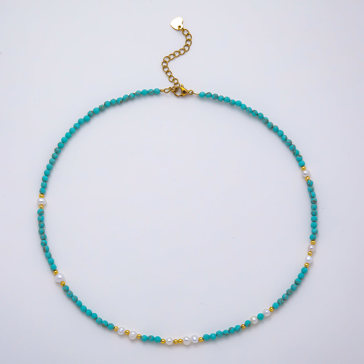 Handmade Stainless Steel 2mm Blue Turquoise Shell Pearl Gemstone Chain 16 Inch Necklace | WA-04650