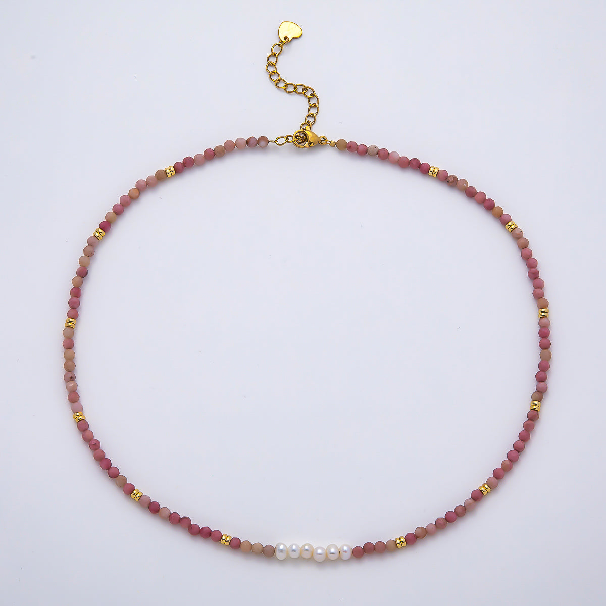 Handmade Stainless Steel 3mm Shell Pearl Rose Quartz Gemstone Chain 15.5 Inch Necklace | WA-04653