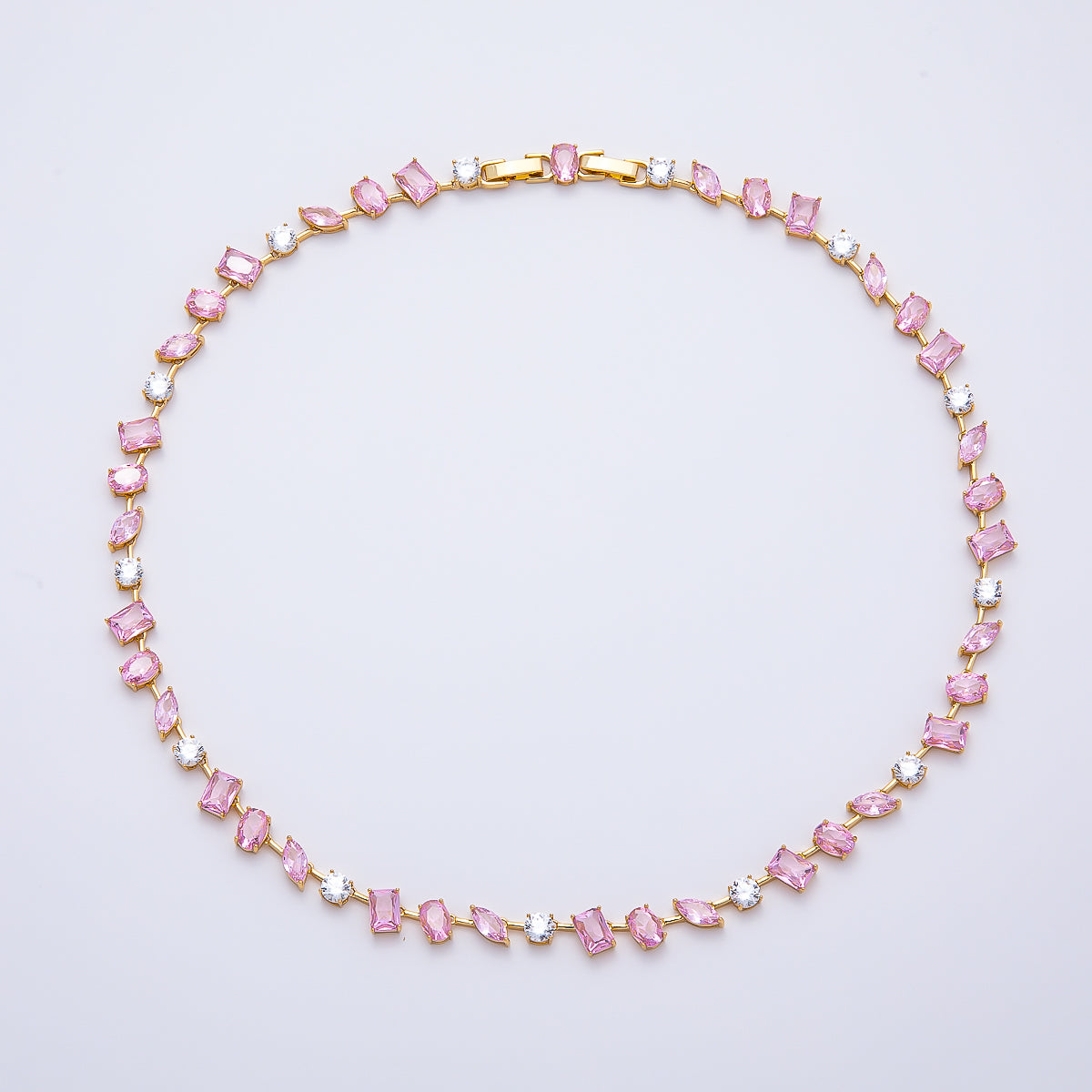 16K Gold Filled 5mm Pink Baguette Clear Multi-Cut CZ Tennis Chain 17 Inch Adjustable Necklace | WA-04686