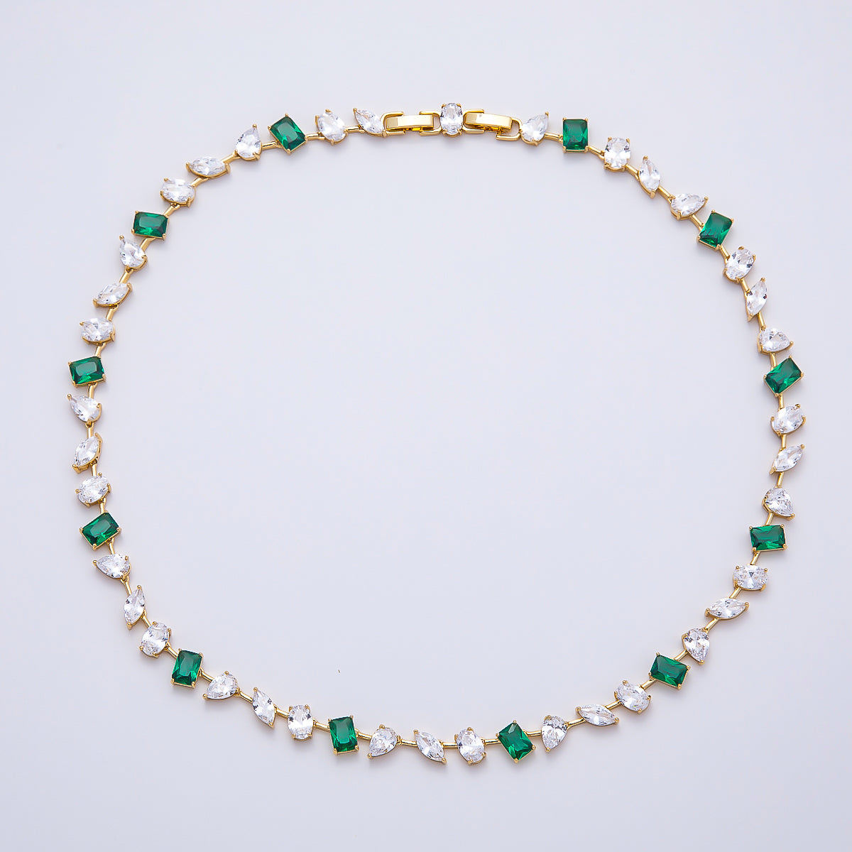 16K Gold Filled 6.5mm Green Baguette Clear Multi-Cut CZ Tennis Chain 17 Inch Adjustable Necklace | WA-04687