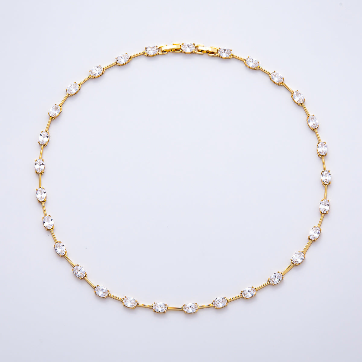 16K Gold Filled 5mm Clear Oval CZ Bar Gemstone Chain 17 Inch Adjustable Necklace | WA-04720