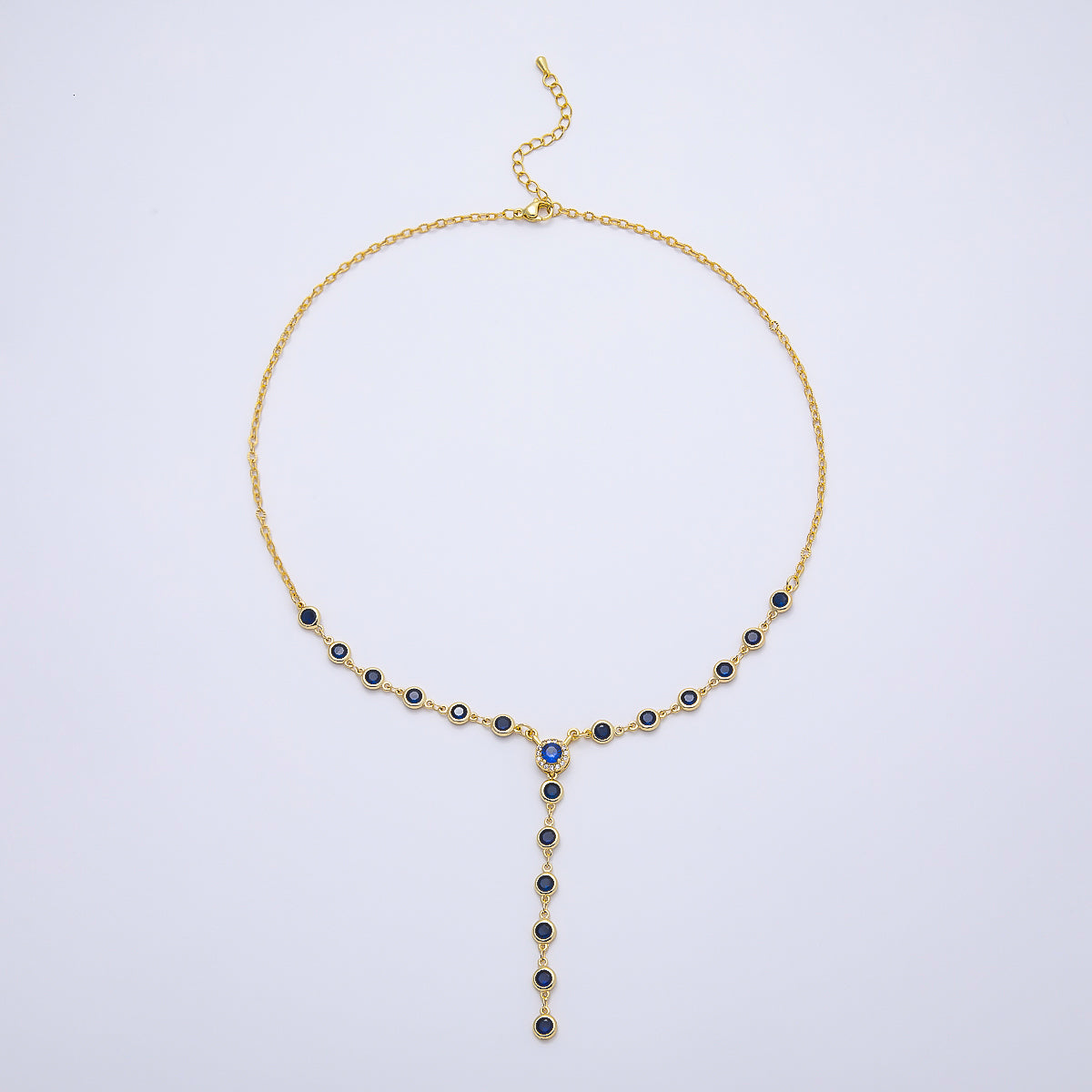 16K Gold Filled 6mm Blue Round Bezel Micro Paved CZ Lariat Cable Chain 17 Inch Necklace | WA-04721
