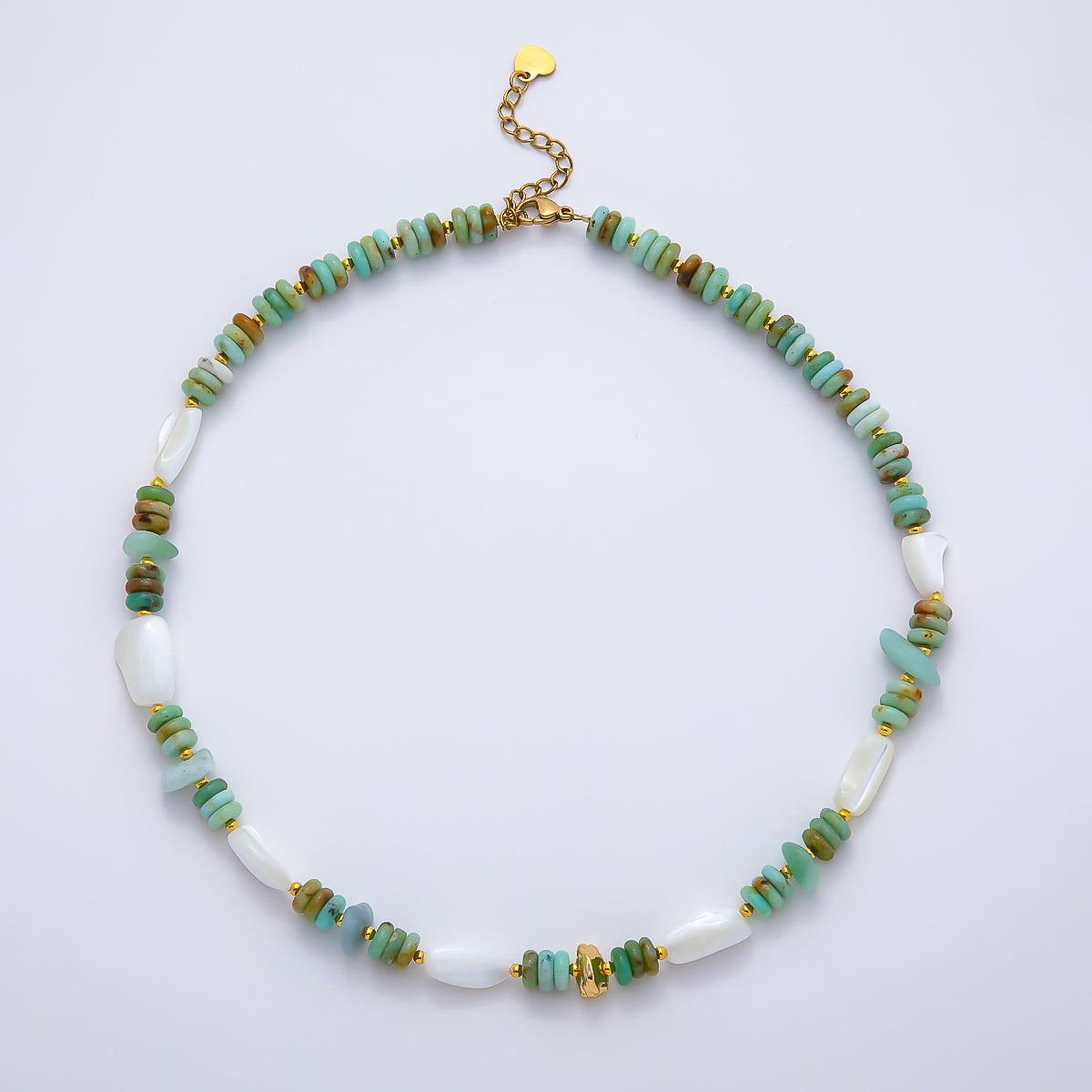 Handmade Stainless Steel 8mm White Shell Pearl Turquoise Rondelle Gemstone Chain 15.5 Inch Necklace | WA-04727