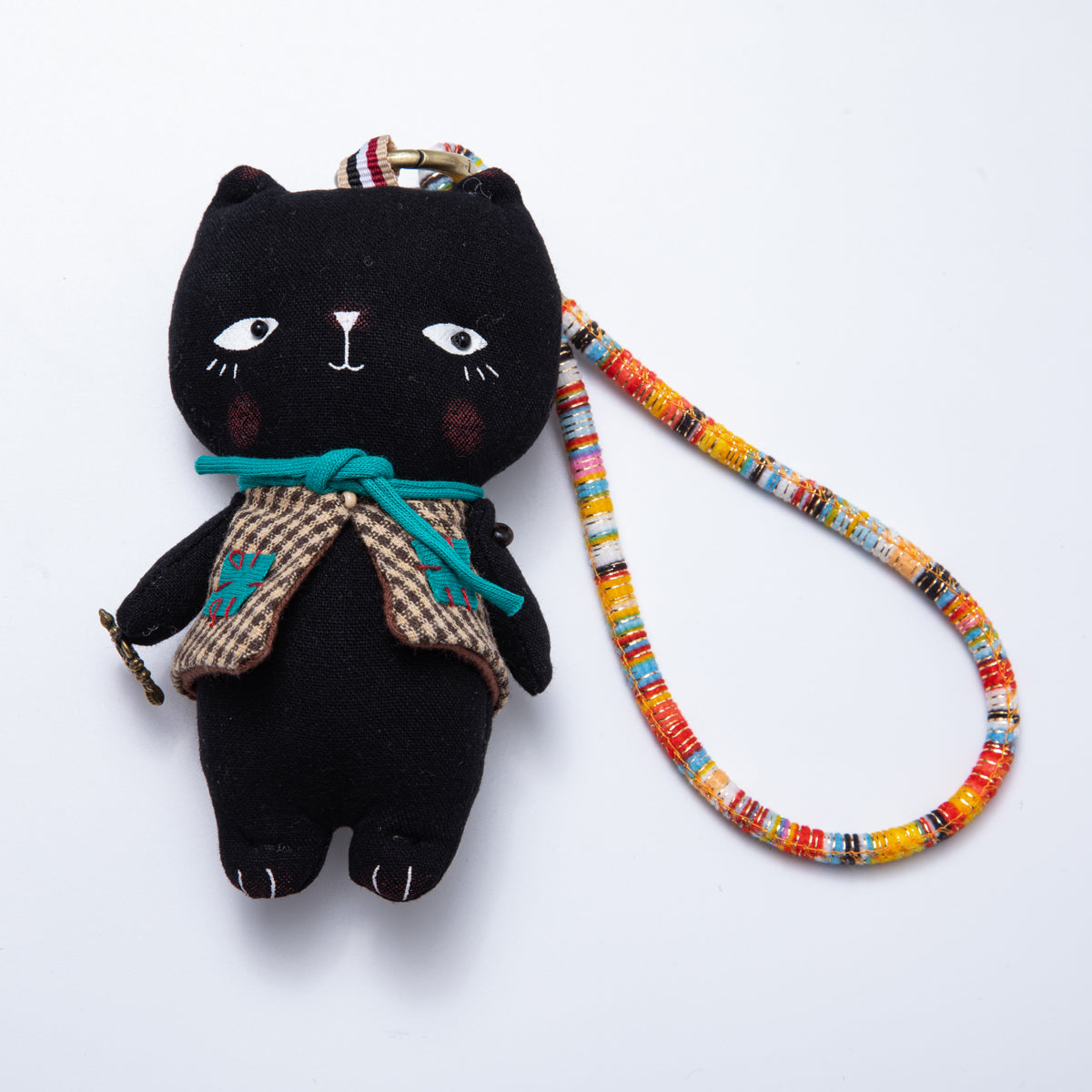 Fabric Doll 300mm Black Cat With Gingham Vest Keychain | WB-00055