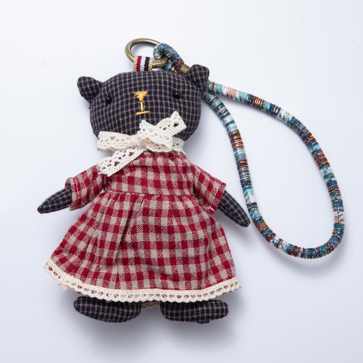 Fabric Doll Gingham Dress And Cardigan Black Teddy Keychain | WB-00061 - WB-00062