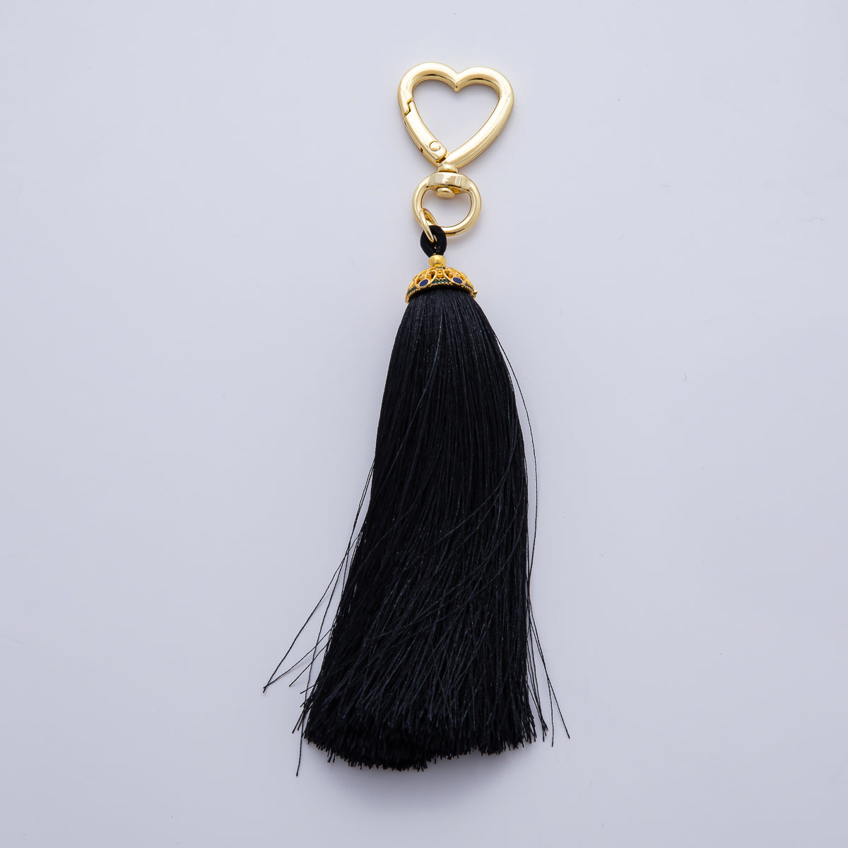 18K Gold Filled Blue, Black, Red, Purple, Green, Brown, White Tassel Heart Push Gate Keychain Fringe Accessories | WB-00213 ~ WB-00219