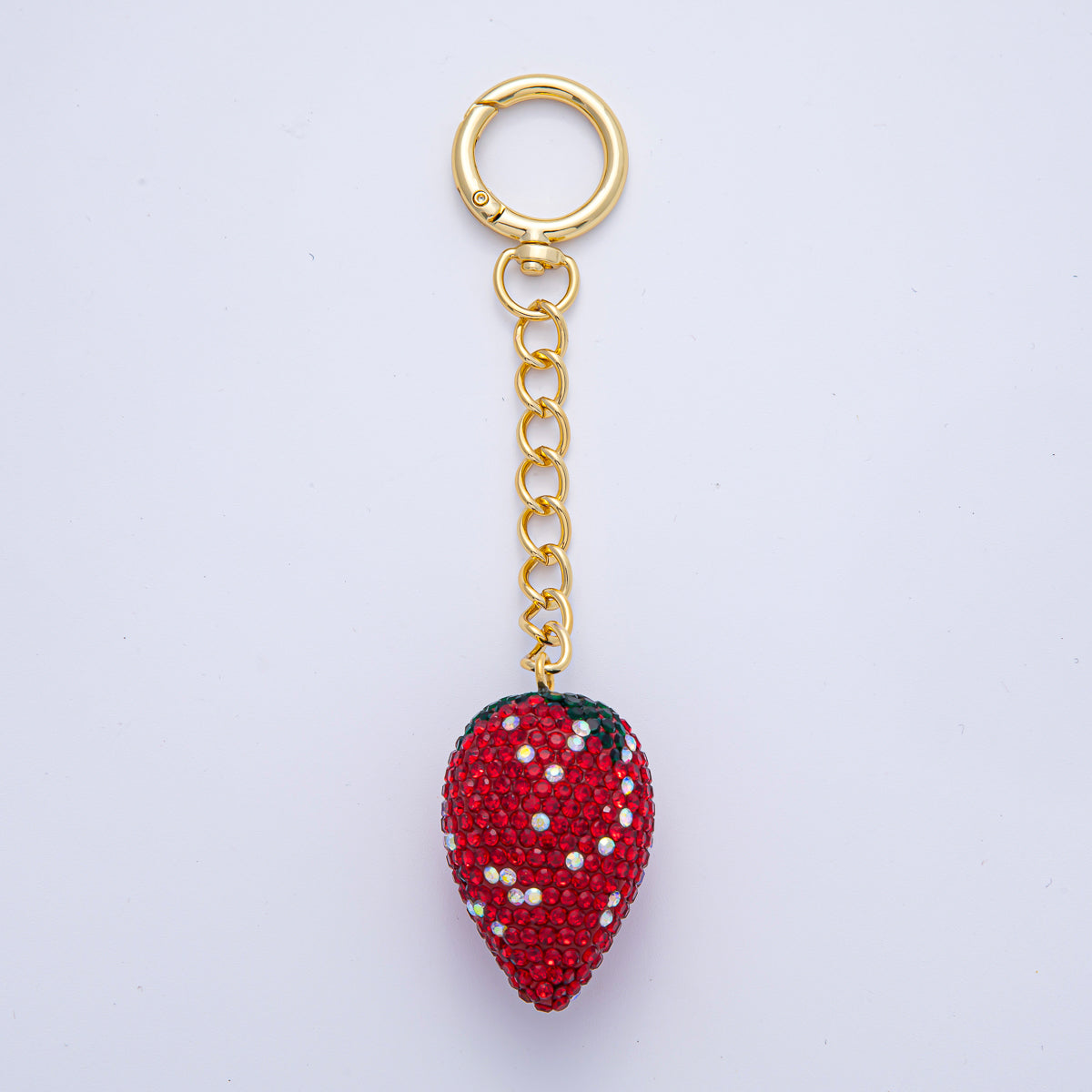 18K Gold Filled Red Strawberry Bedazzled Bag Charm Keychain Push Gate Key Ring | WB-00254