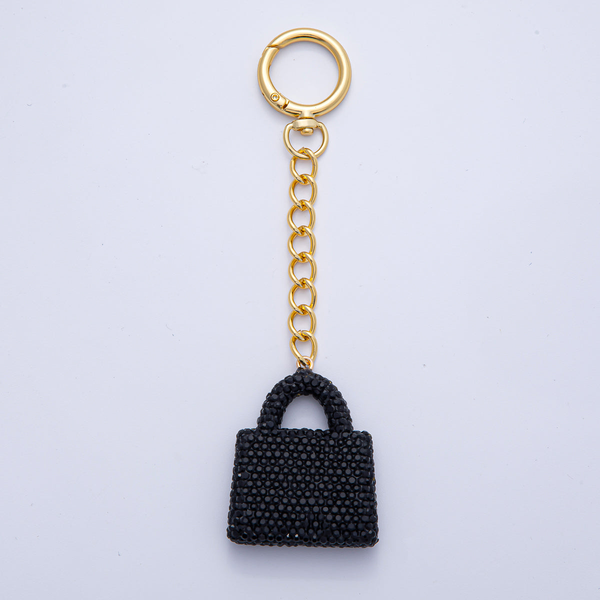 18K Gold Filled Black, Brown, White, Blue, Red, Pink Bedazzled Purse Bag Charm Keychain Push Gate Key Ring Accessories | WB-00258 ~ WB-00264