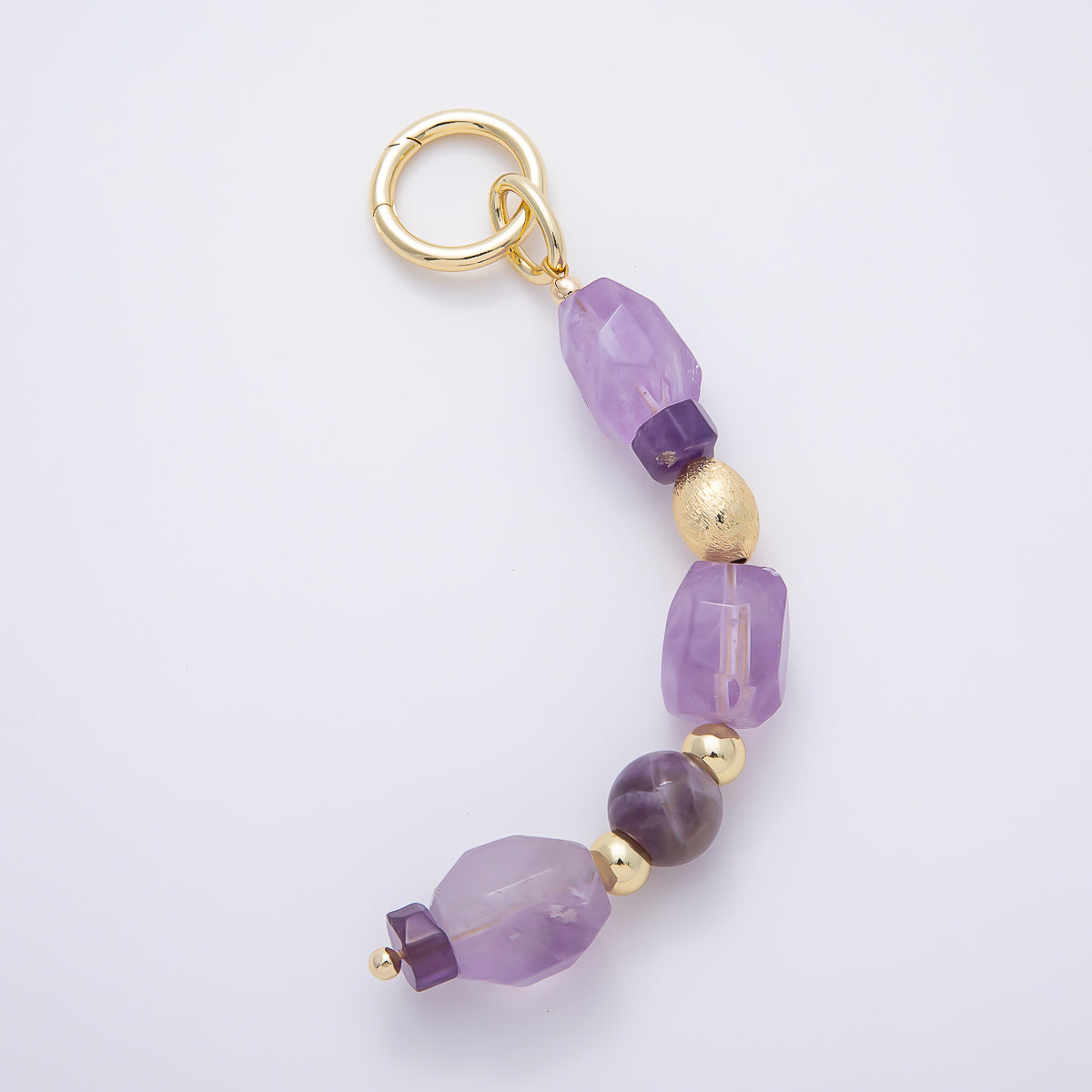 Handmade 16K Gold Filled 6 Inch Amethyst Gemstone Bag Charm Keychain Push Gate | WB-00374