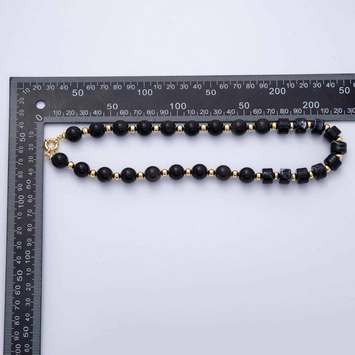 18K Gold Filled 12mm Black Nero Marquina Onyx Tube Round Bead 18.7 Inch w. Sailor Clasps | WA-4133
